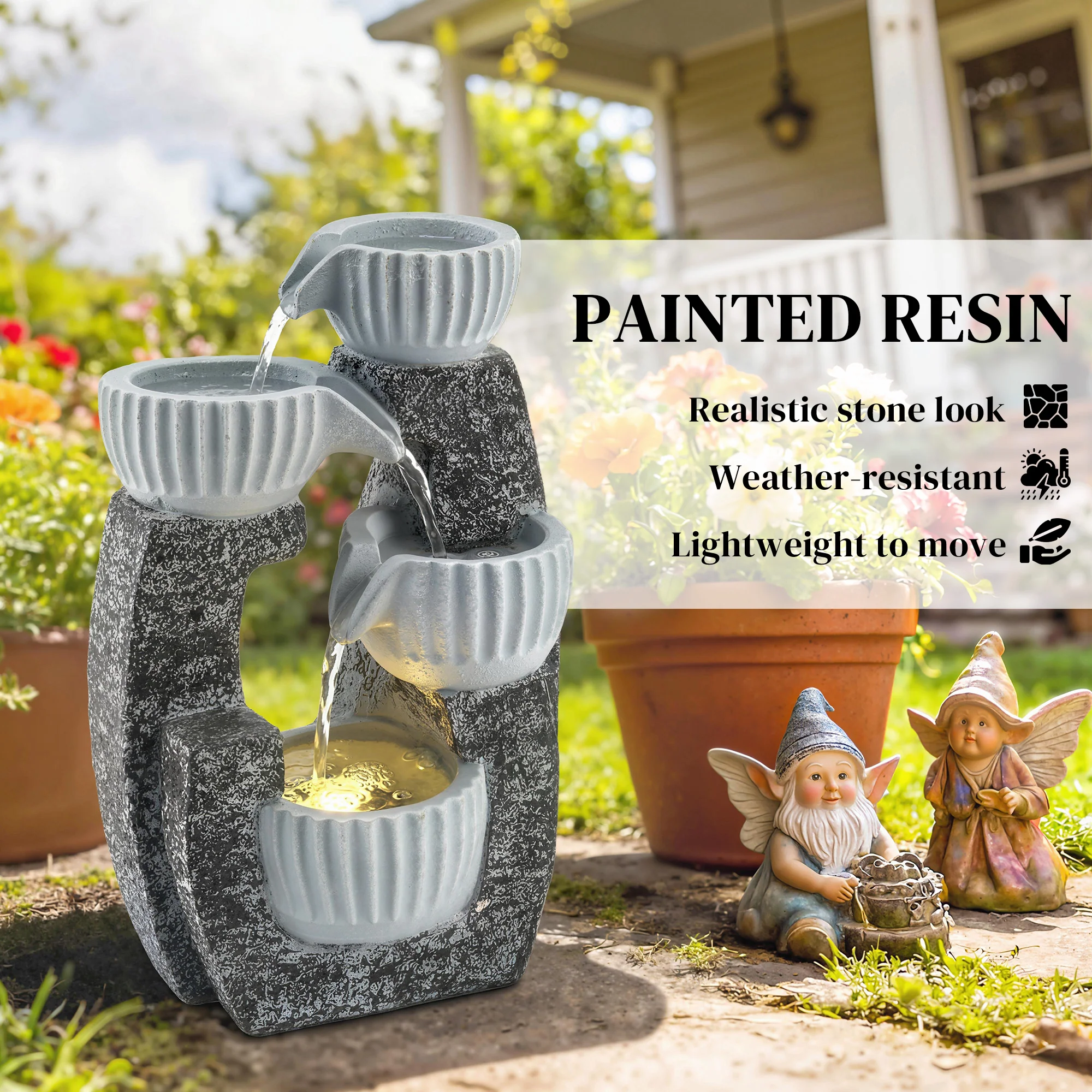 Outsunny 4-Tier Bowl Water Feature, Outdoor Water Fountain with LED Lights - Image 3