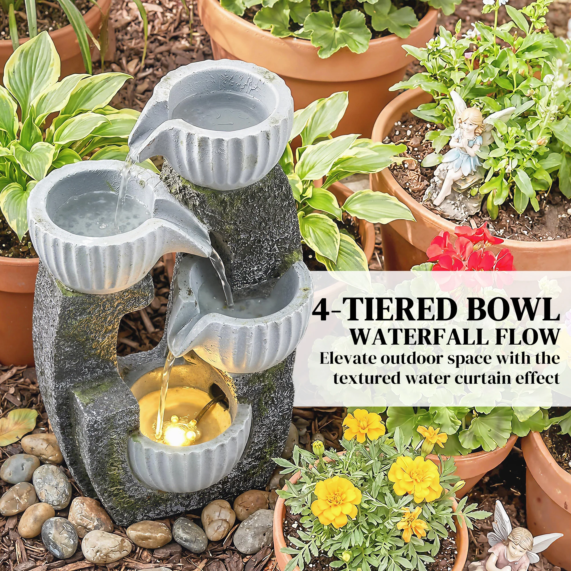 Outsunny 4-Tier Bowl Water Feature, Outdoor Water Fountain with LED Lights - Image 6