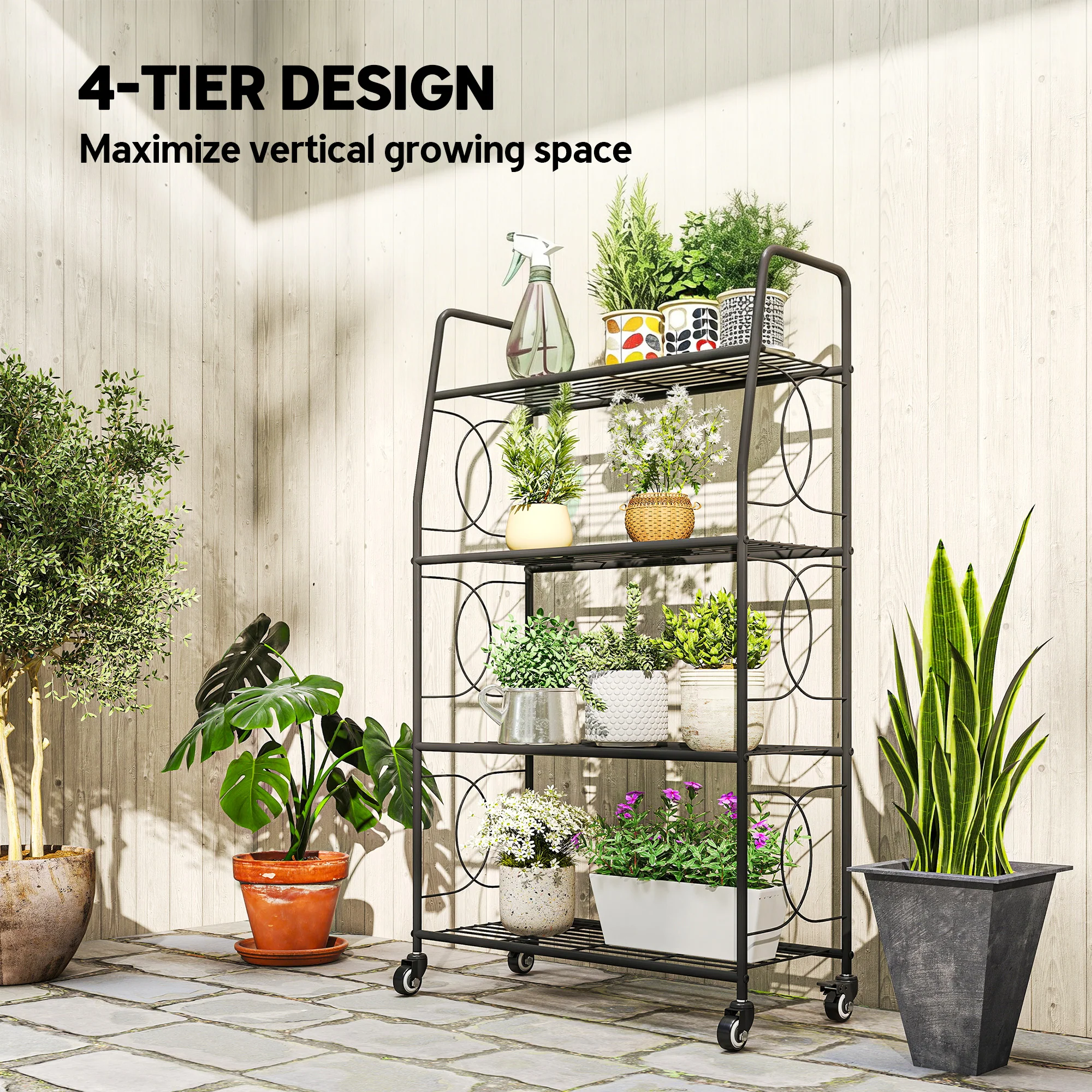 Outsunny 4-Tier Metal Plant Stand, Plants Display Rack with Lockable Wheels - Image 4