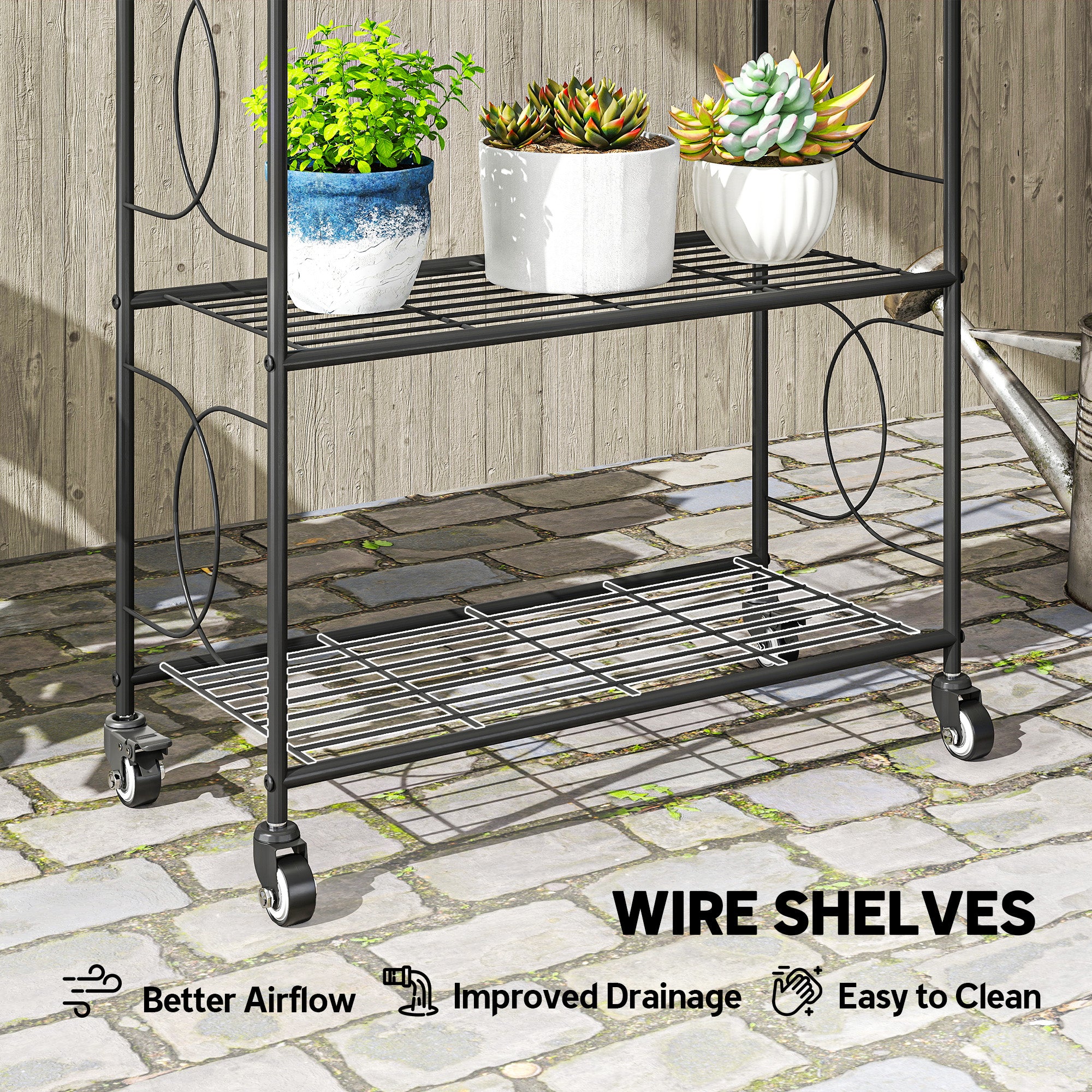 Outsunny 4-Tier Metal Plant Stand, Plants Display Rack with Lockable Wheels - Image 6