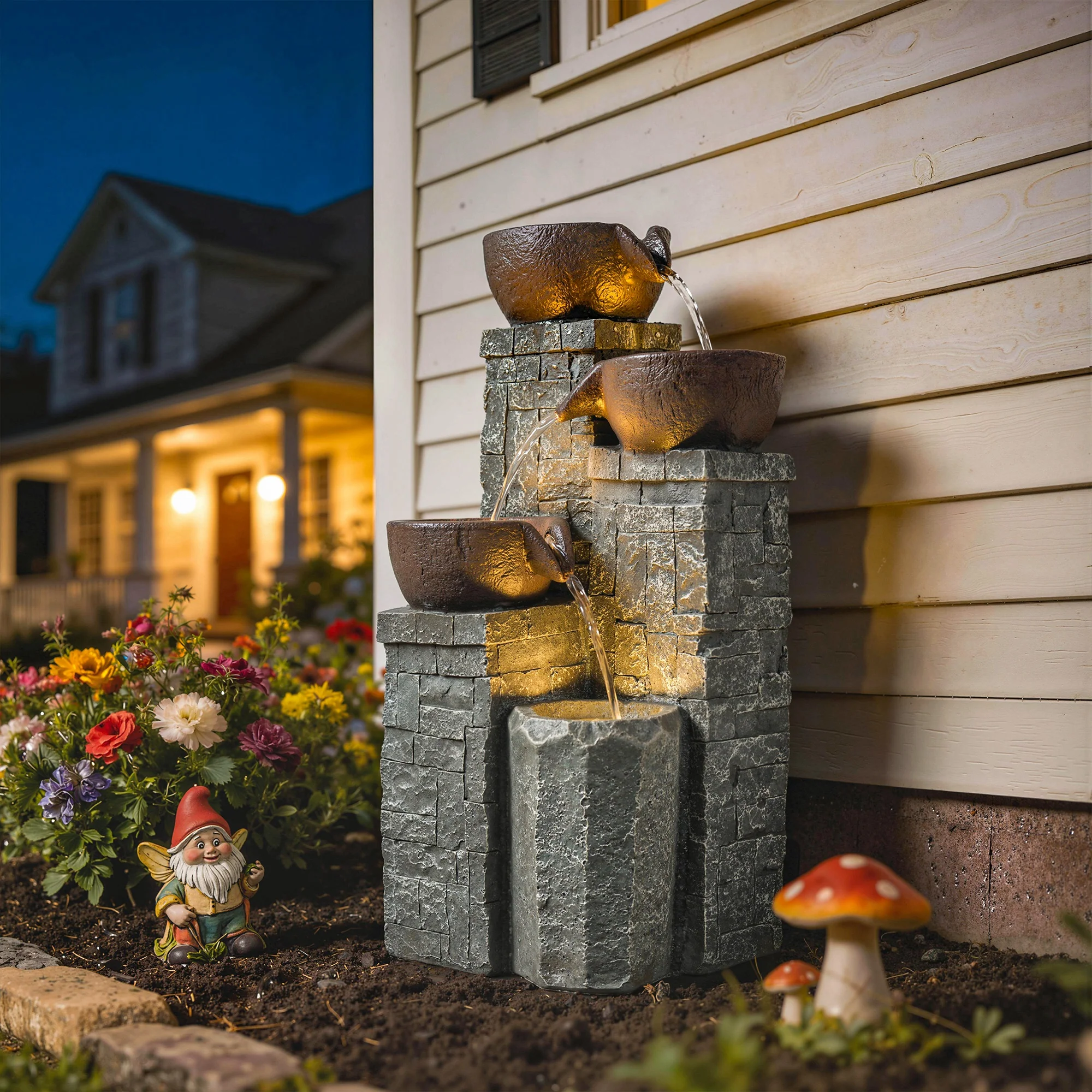 Outsunny 4-Tier Outdoor Fountain With LED Lights, Grey And Rustic Brown - Image 2