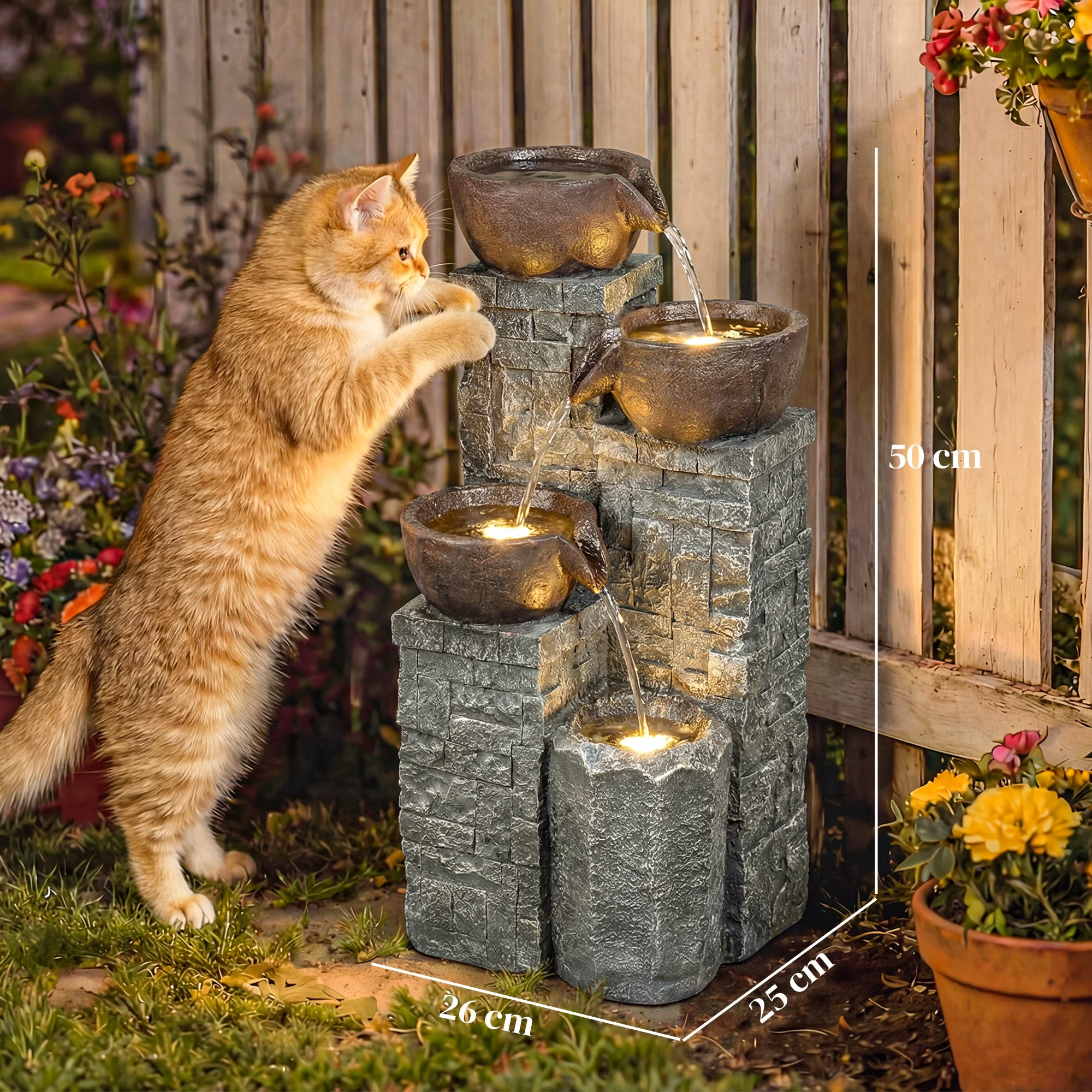 Outsunny 4-Tier Outdoor Fountain With LED Lights, Grey And Rustic Brown - Image 3