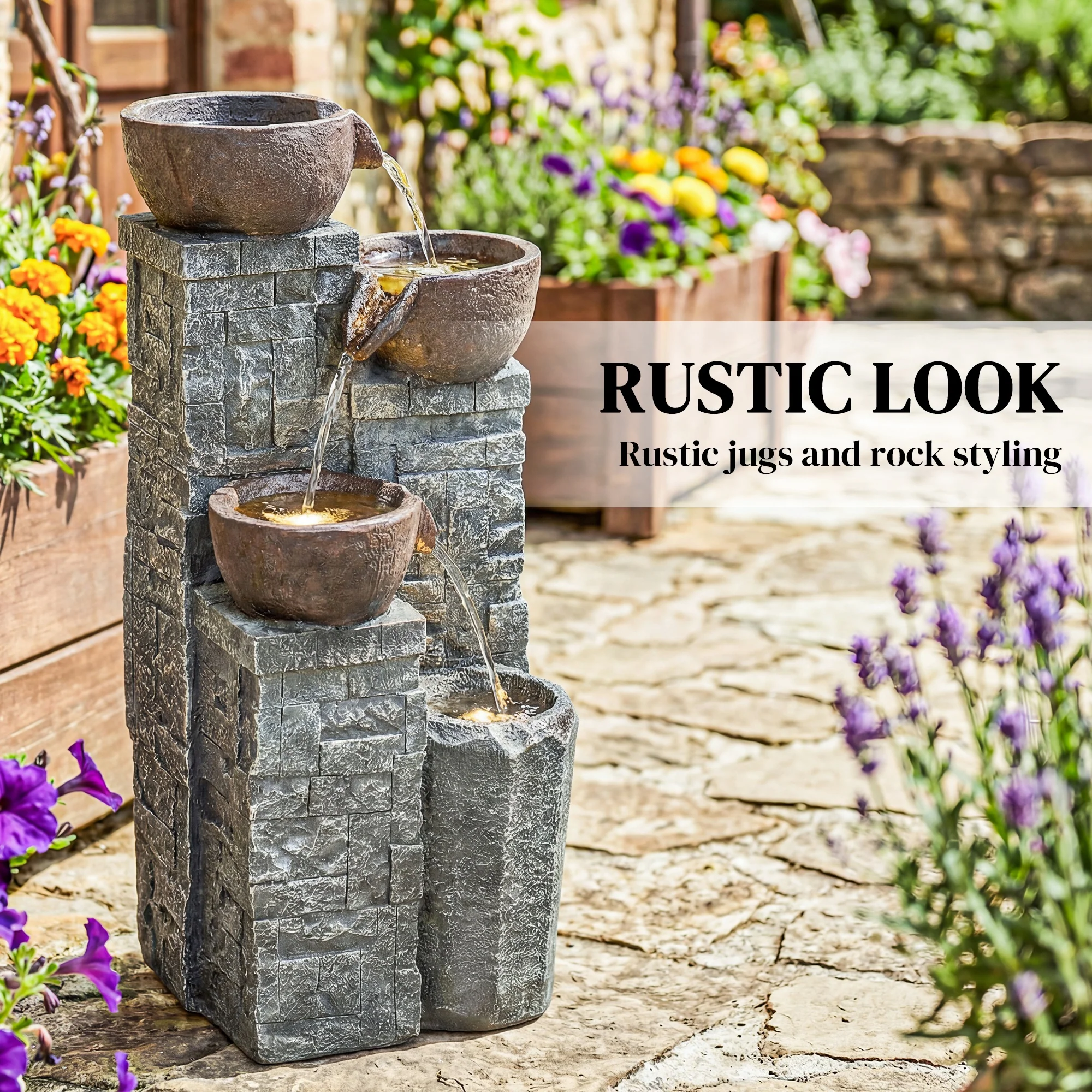 Outsunny 4-Tier Outdoor Fountain With LED Lights, Grey And Rustic Brown - Image 4