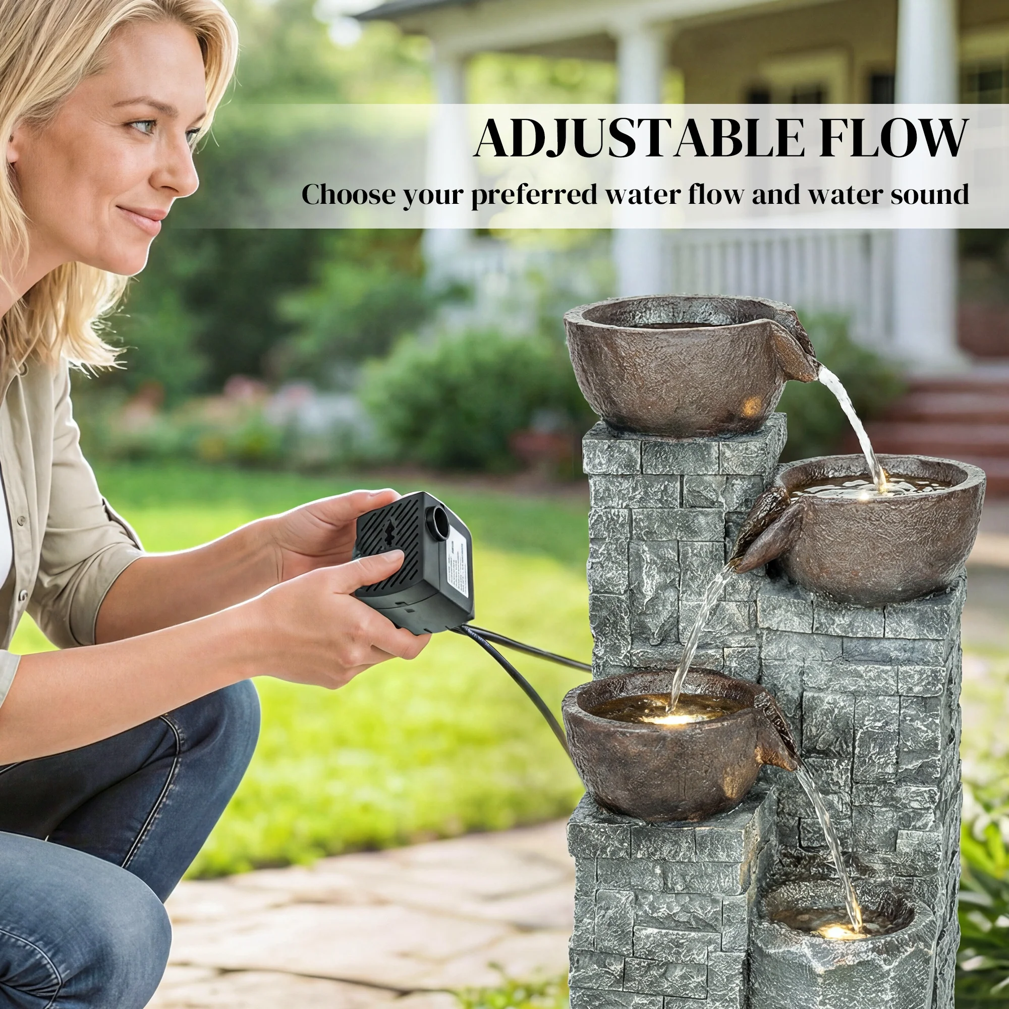 Outsunny 4-Tier Outdoor Fountain With LED Lights, Grey And Rustic Brown - Image 5