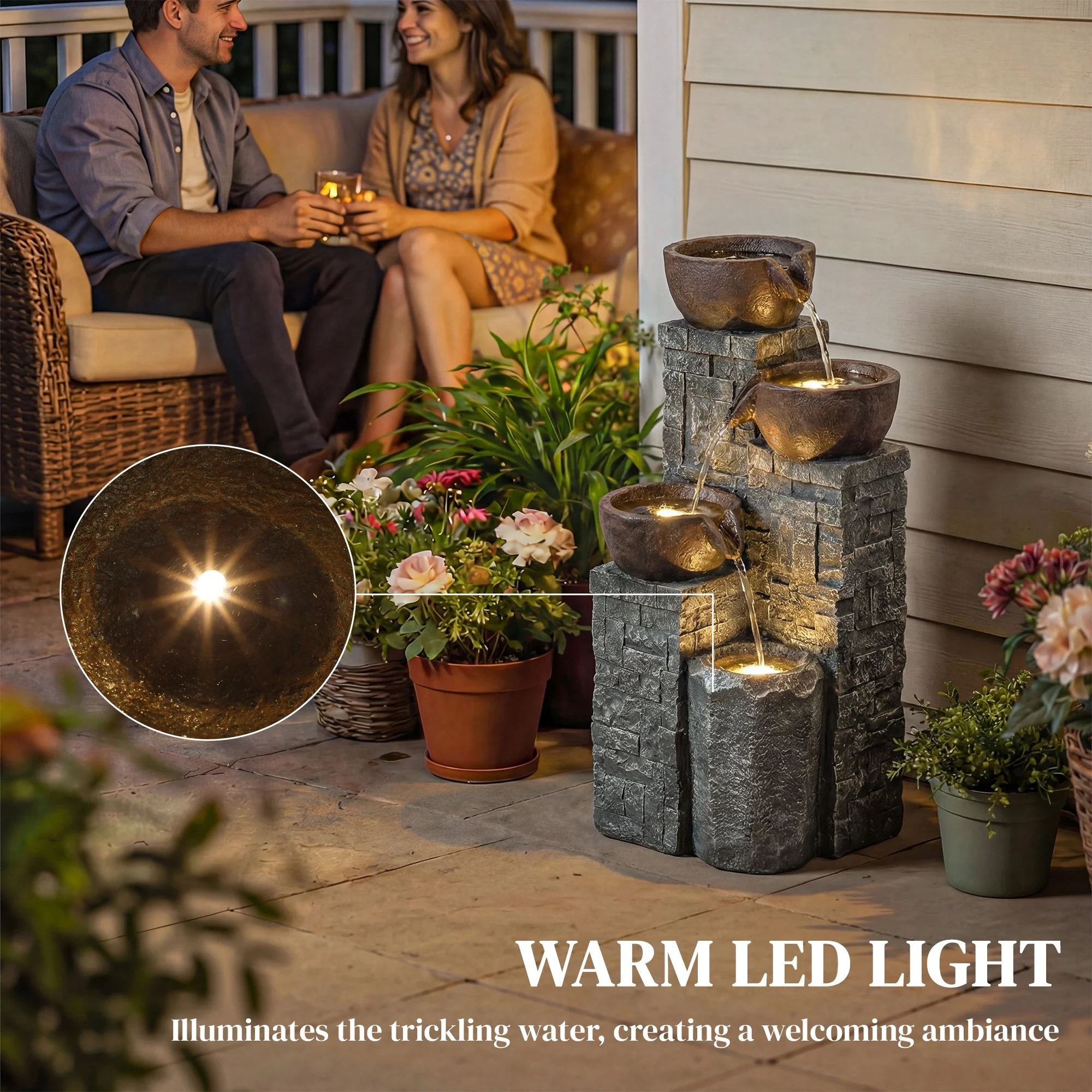Outsunny 4-Tier Outdoor Fountain With LED Lights, Grey And Rustic Brown - Image 6