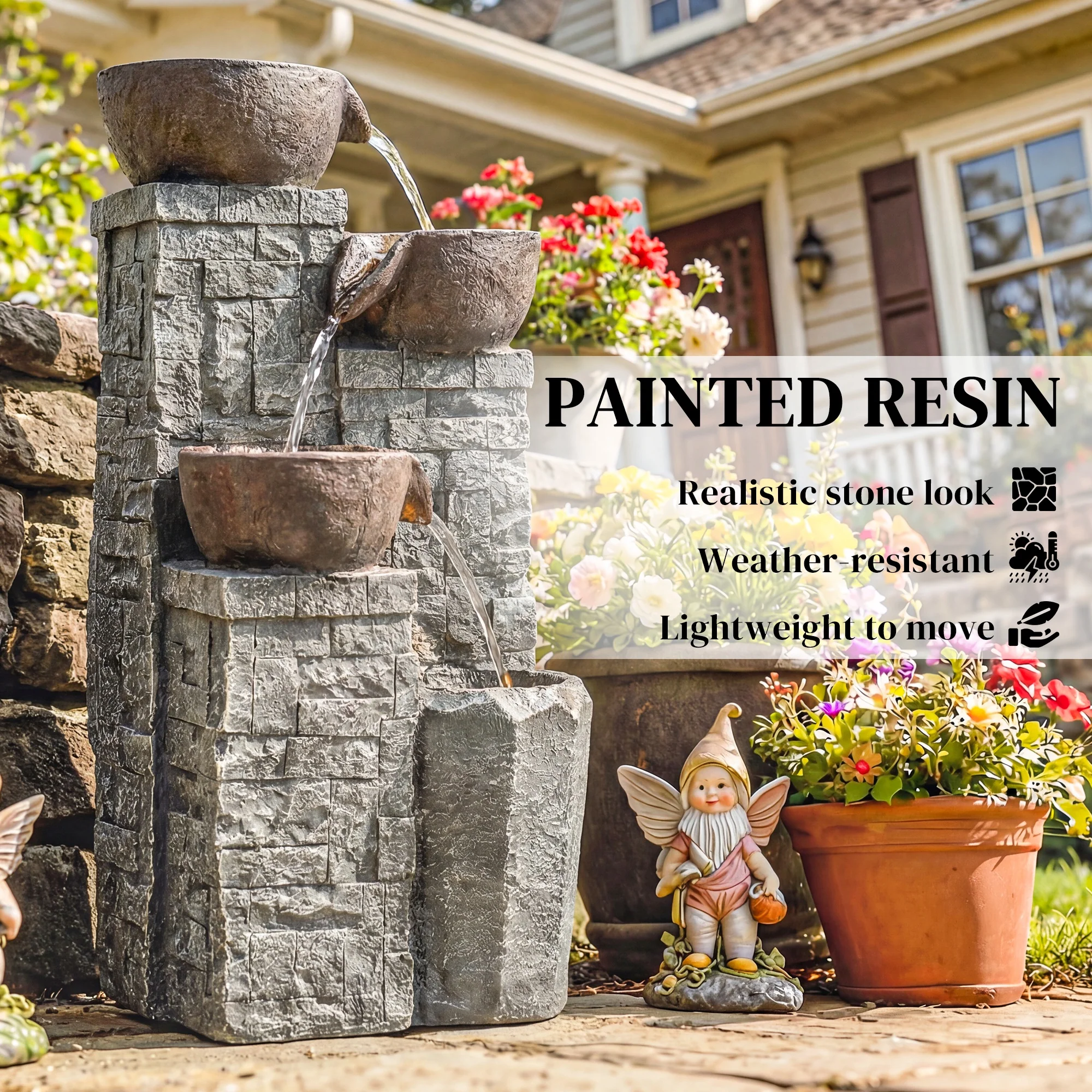 Outsunny 4-Tier Outdoor Fountain With LED Lights, Grey And Rustic Brown - Image 7