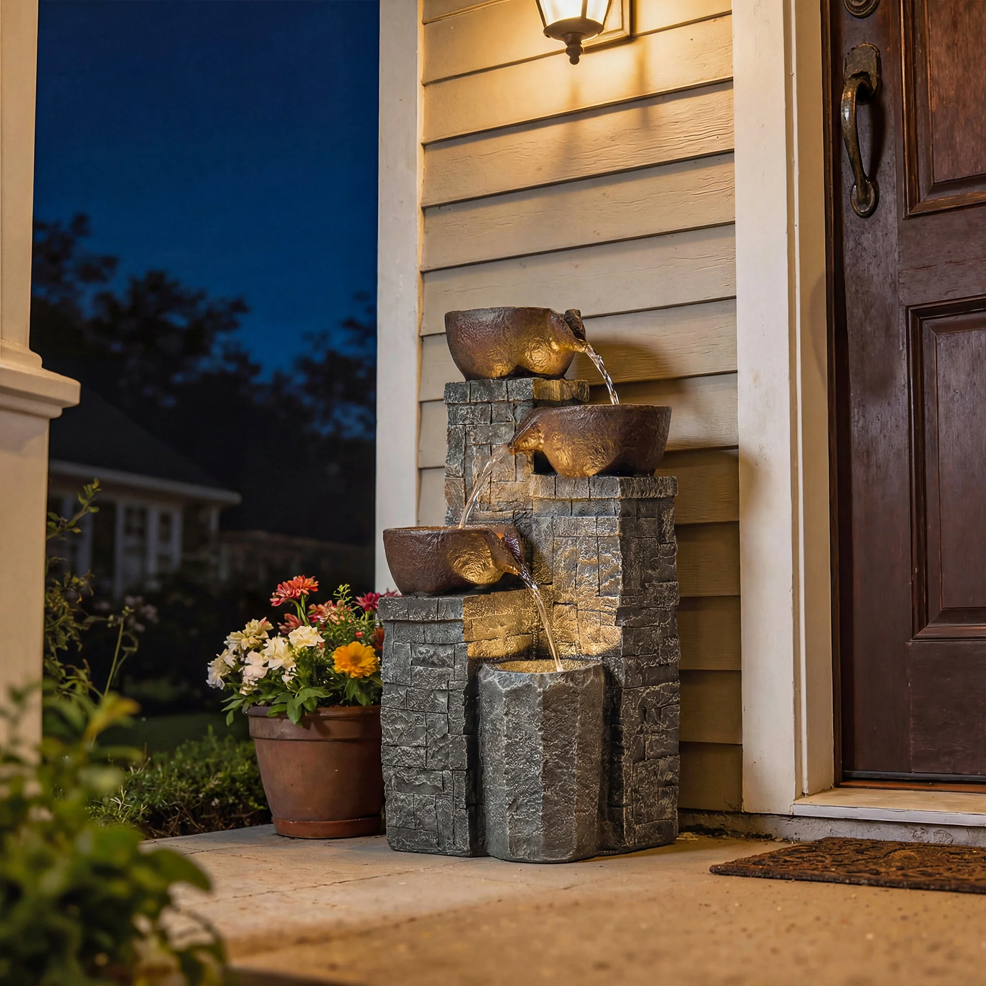 Outsunny 4-Tier Outdoor Fountain With LED Lights, Grey And Rustic Brown - Image 9