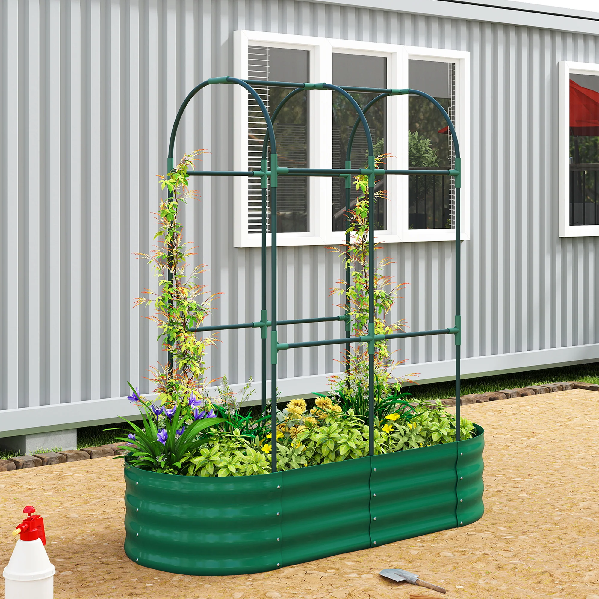Outsunny 4 x 2 x 4.6ft Galvanised Raised Garden Bed with Trellis, Green - Image 2