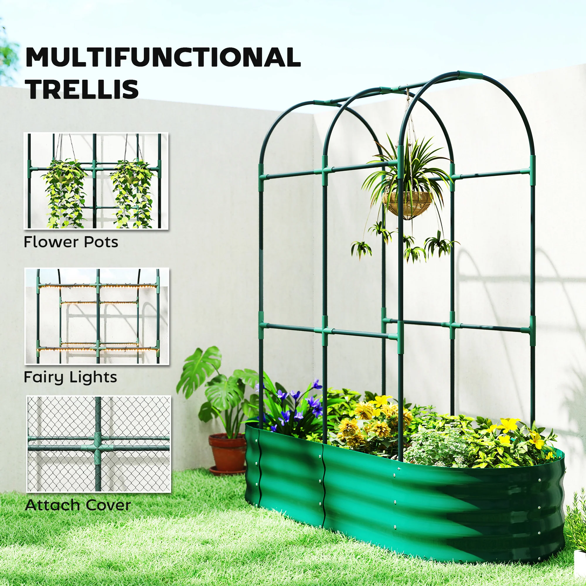 Outsunny 4 x 2 x 4.6ft Galvanised Raised Garden Bed with Trellis, Green - Image 5