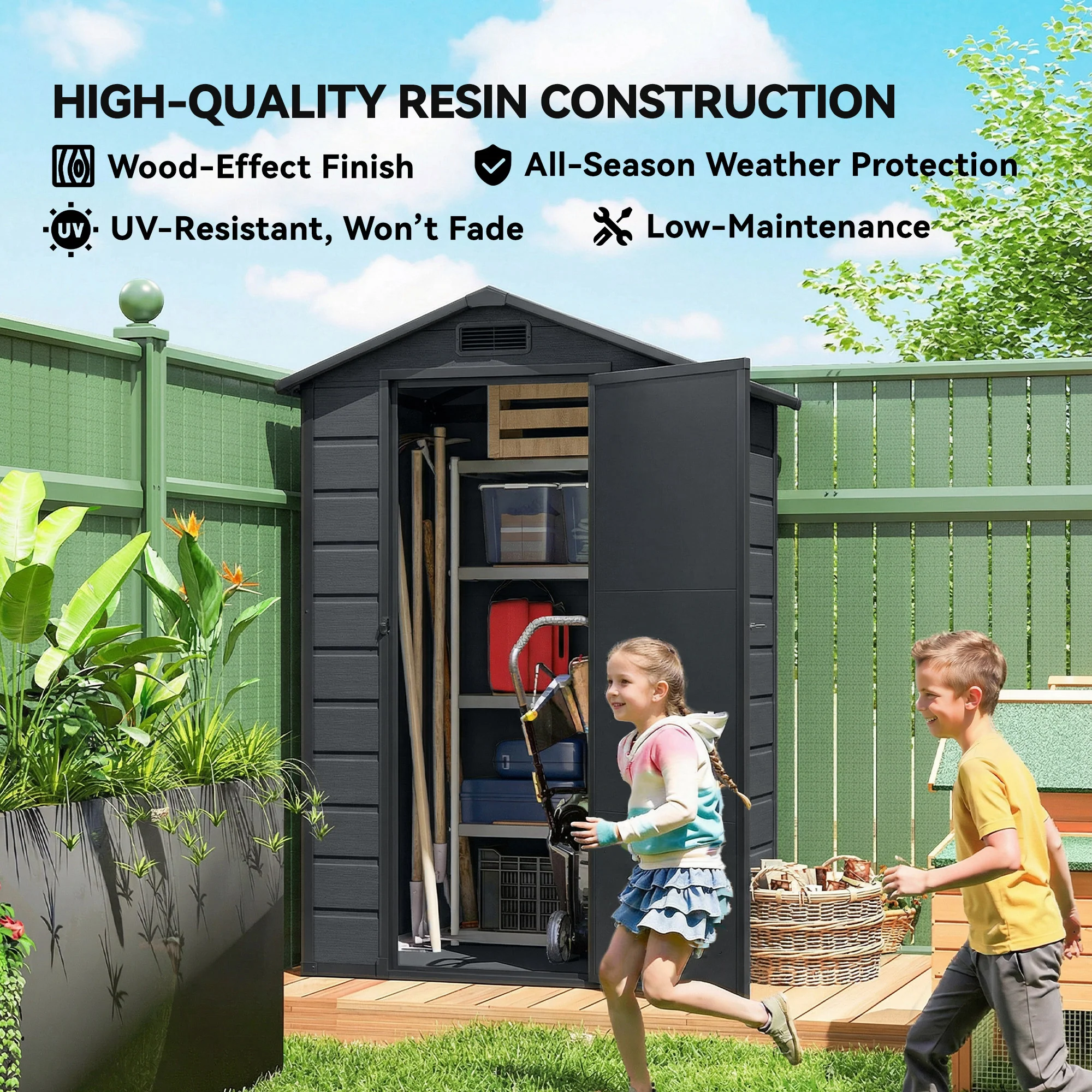 Outsunny 4 X 3 Ft Plastic Small Garden Shed With Lockable Door, Dark Grey - Image 8
