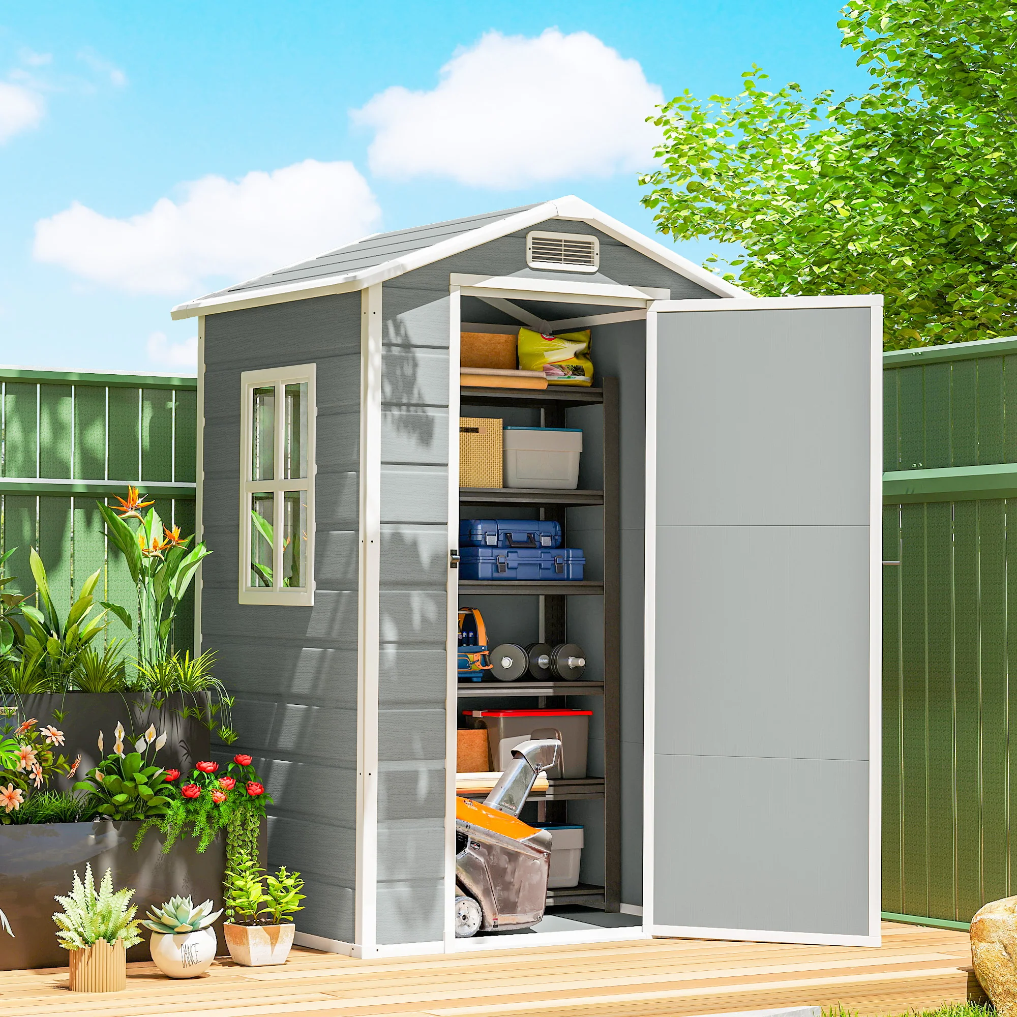 Outsunny 4 X 3 Ft Plastic Small Garden Shed With Lockable Door, Light Grey - Image 2