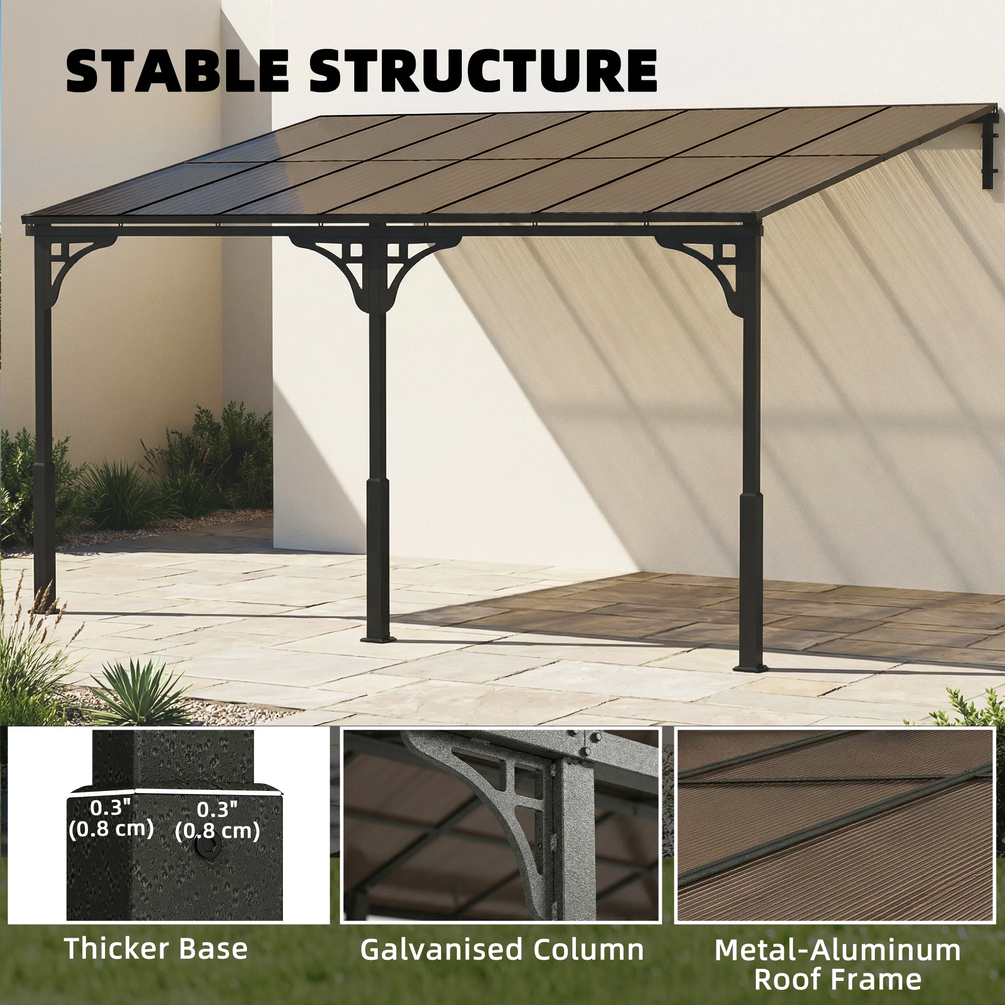 Outsunny 4 x 3 m Metal Lean-to Hardtop Gazebo, Wall-Mounted Pergola - Image 7