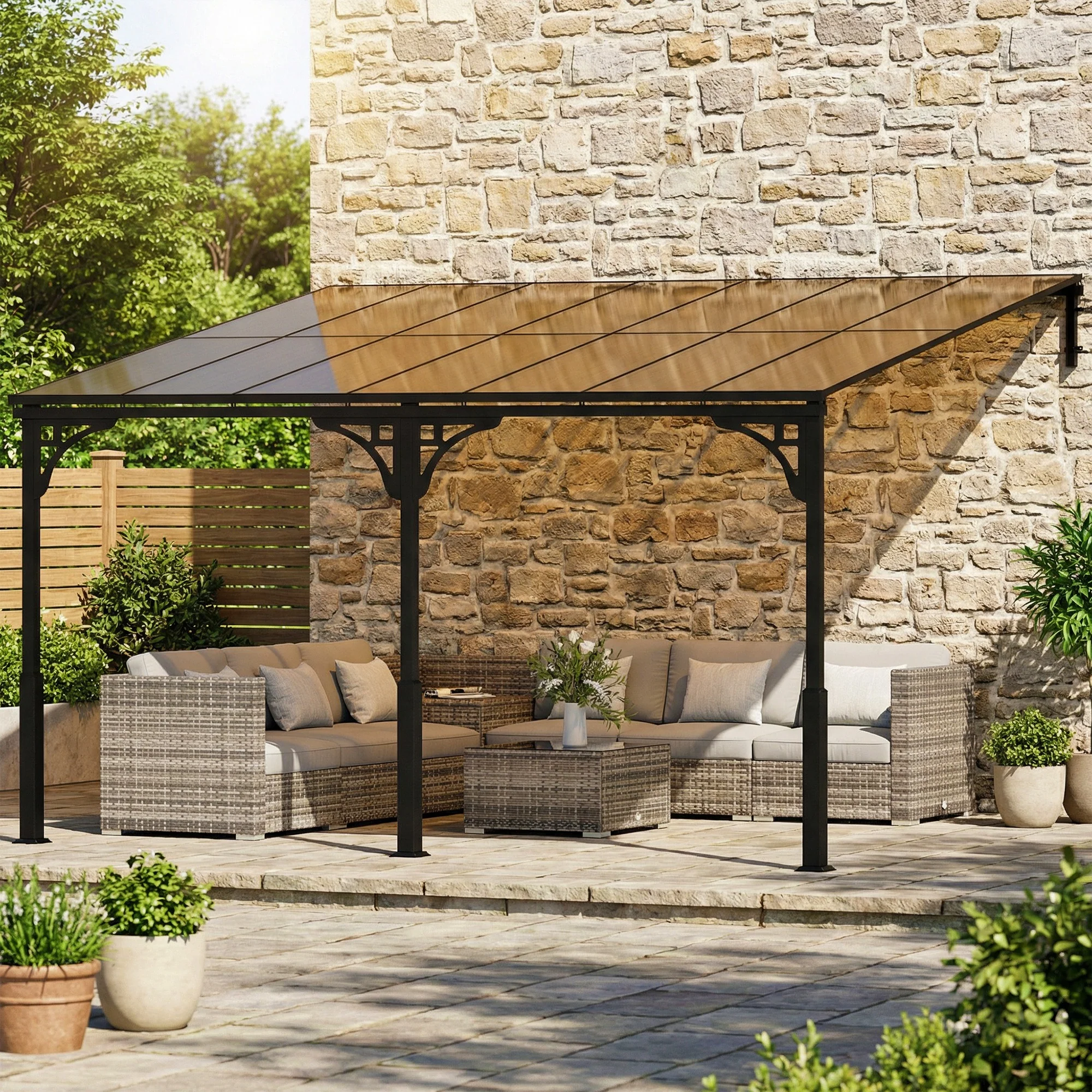 Outsunny 4 x 3 m Metal Lean-to Hardtop Gazebo, Wall-Mounted Pergola - Image 9