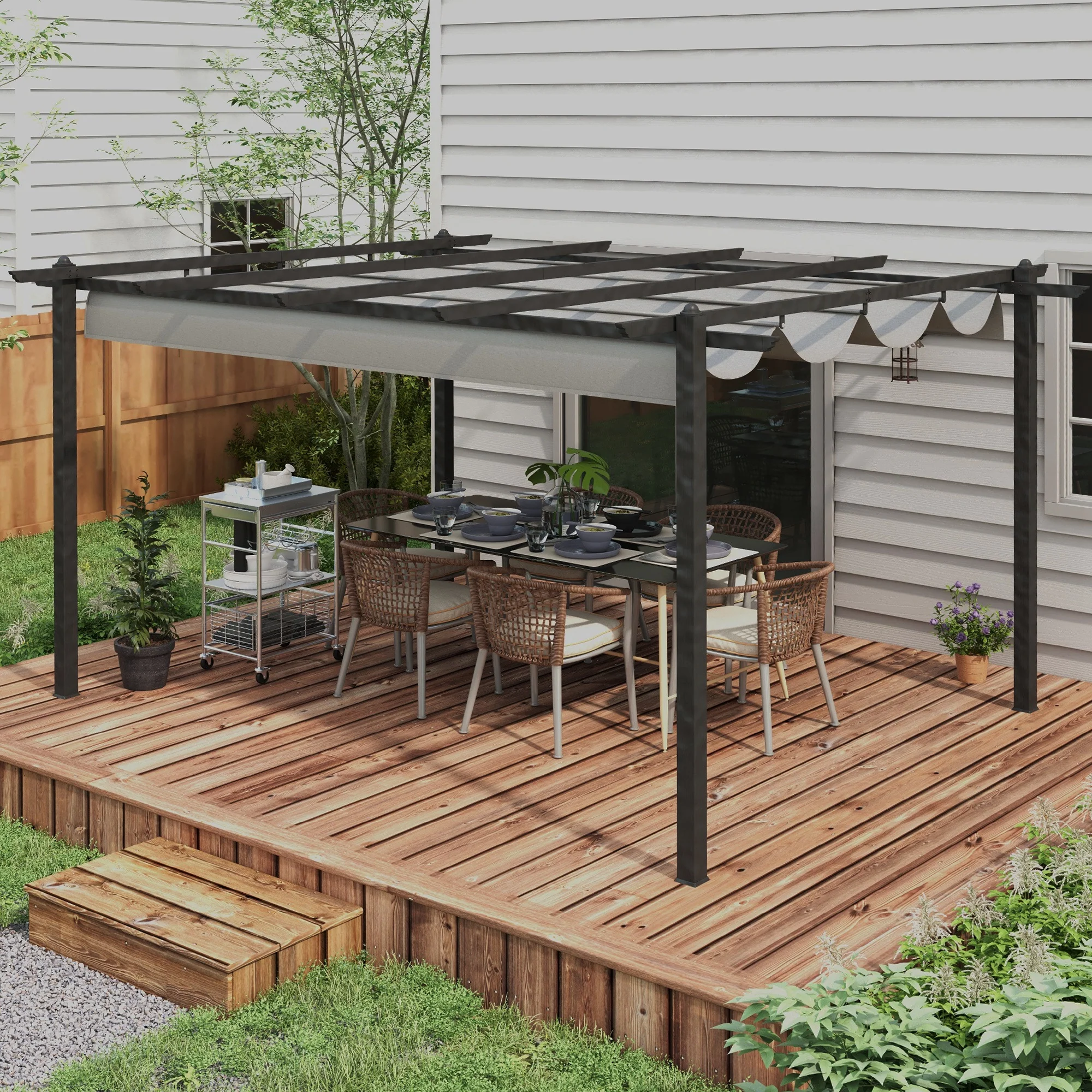 Outsunny 4 x 3(m) Aluminium Pergola Gazebo Garden Shelter w/ Retractable Roof - Image 9