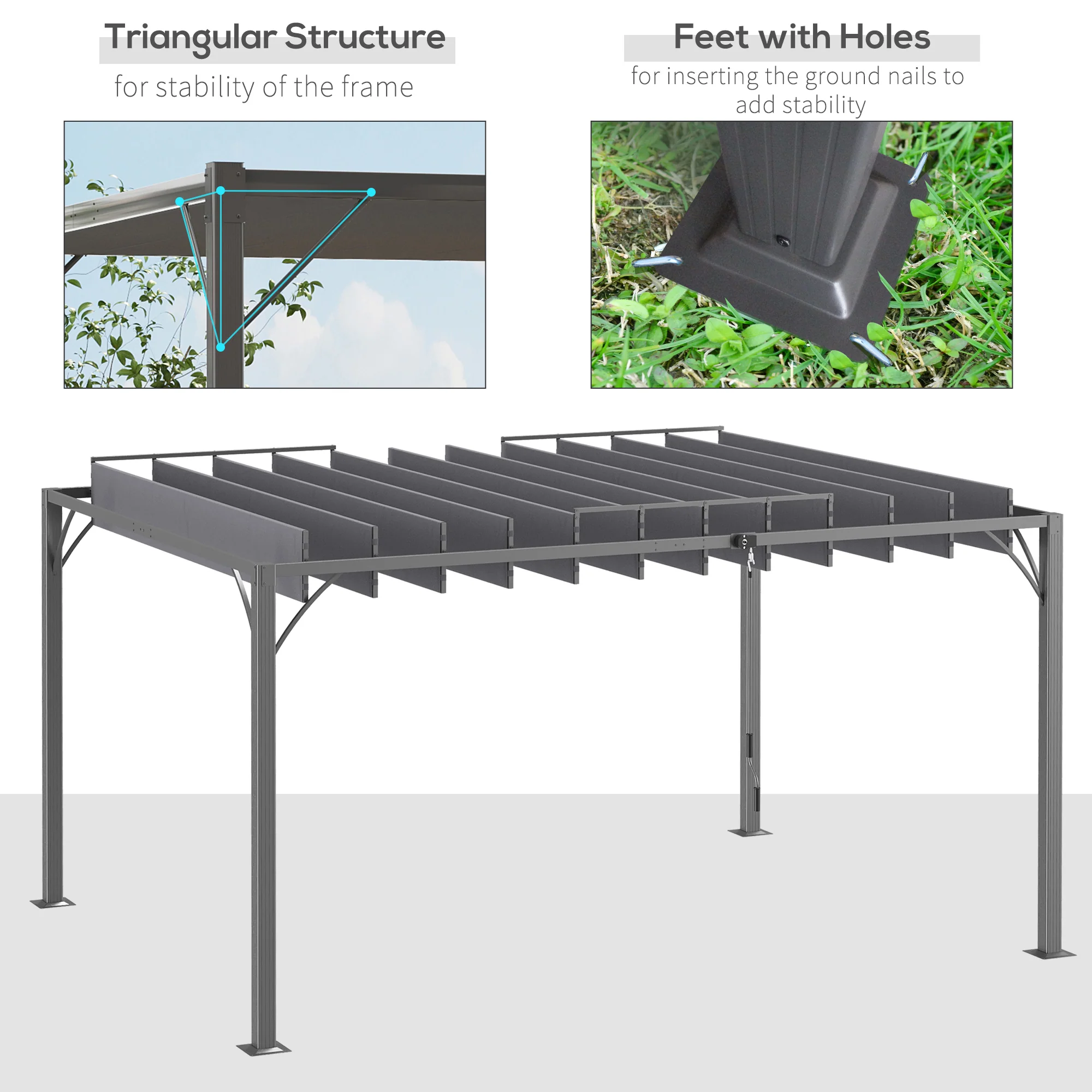 Outsunny 4 x 3(m) Outdoor Louvered Metal Pergola with Retractable Roof, Grey - Image 6