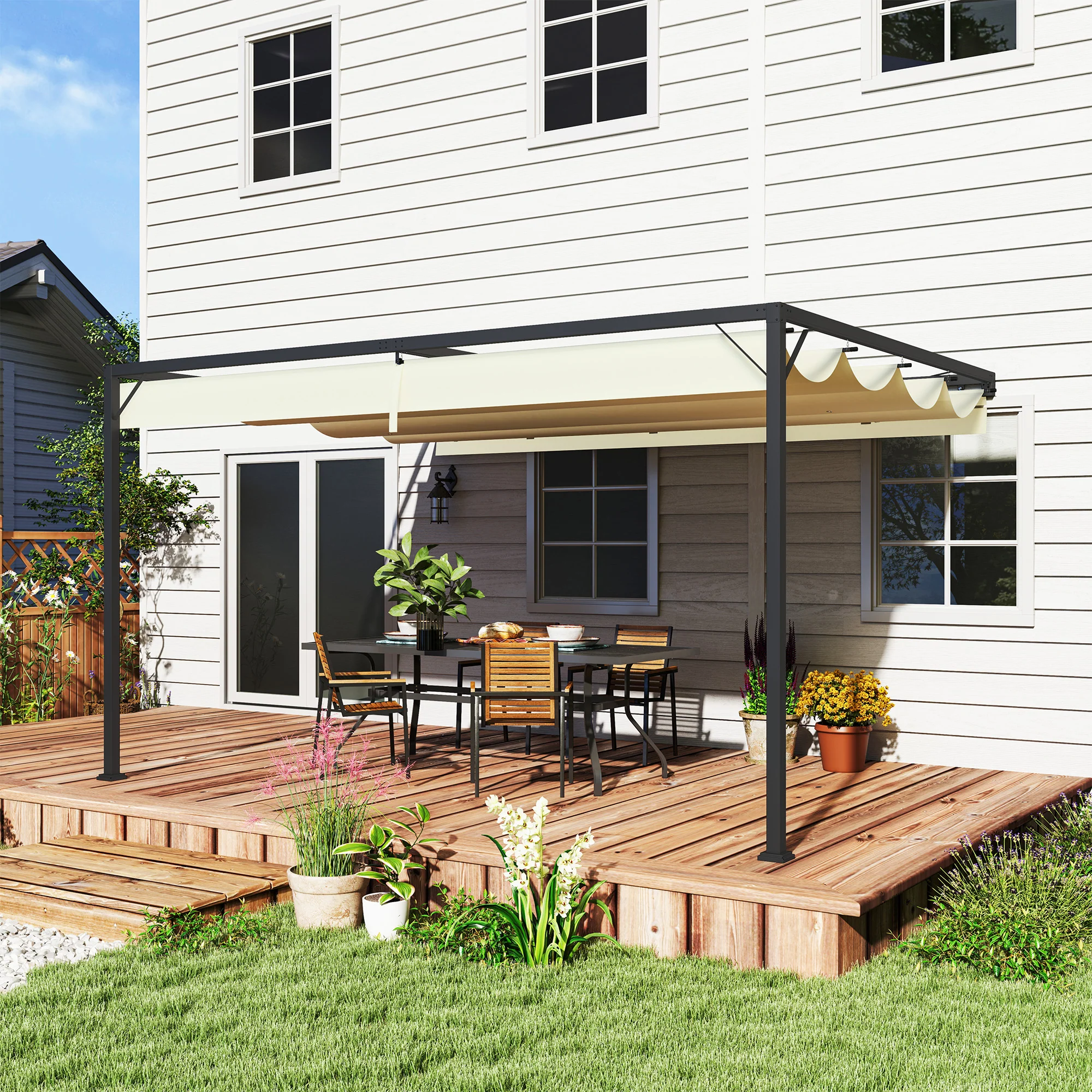 Outsunny 4 x 3(m) Outdoor Pergola Retractable Canopy Wall Mounted, Cream - Image 2