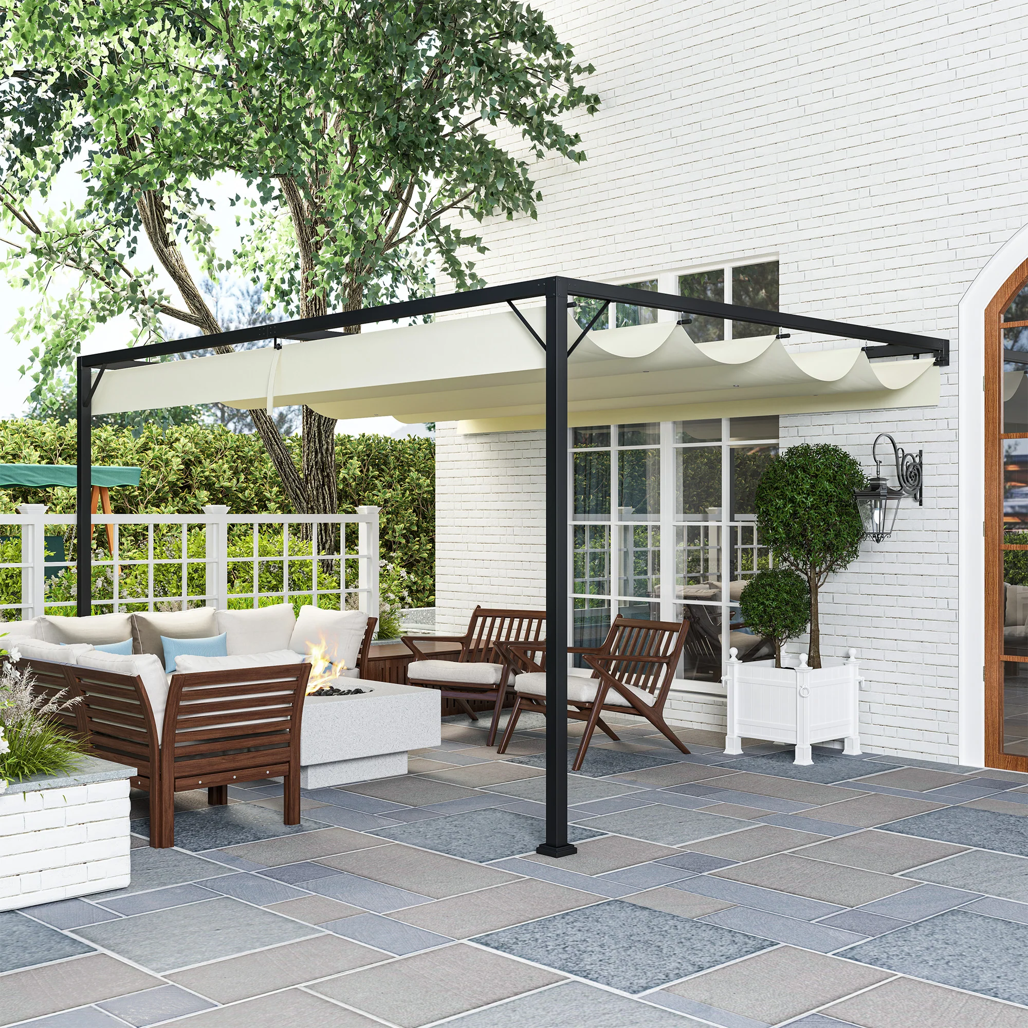 Outsunny 4 x 3(m) Outdoor Pergola Retractable Canopy Wall Mounted, Cream - Image 7