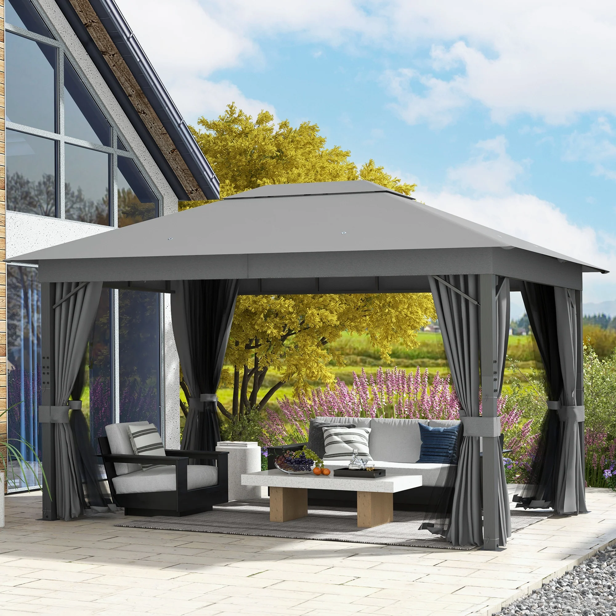 Outsunny 4 x 3(m) Patio Gazebo Garden Shelter w/ Curtains and Netting, Grey - Image 2