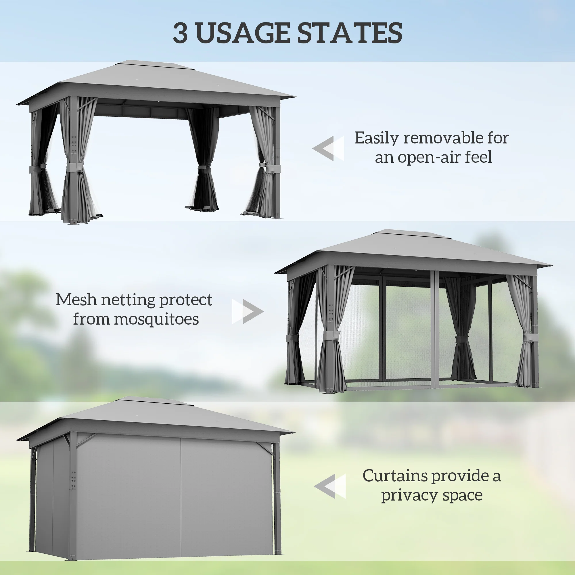 Outsunny 4 x 3(m) Patio Gazebo Garden Shelter w/ Curtains and Netting, Grey - Image 6