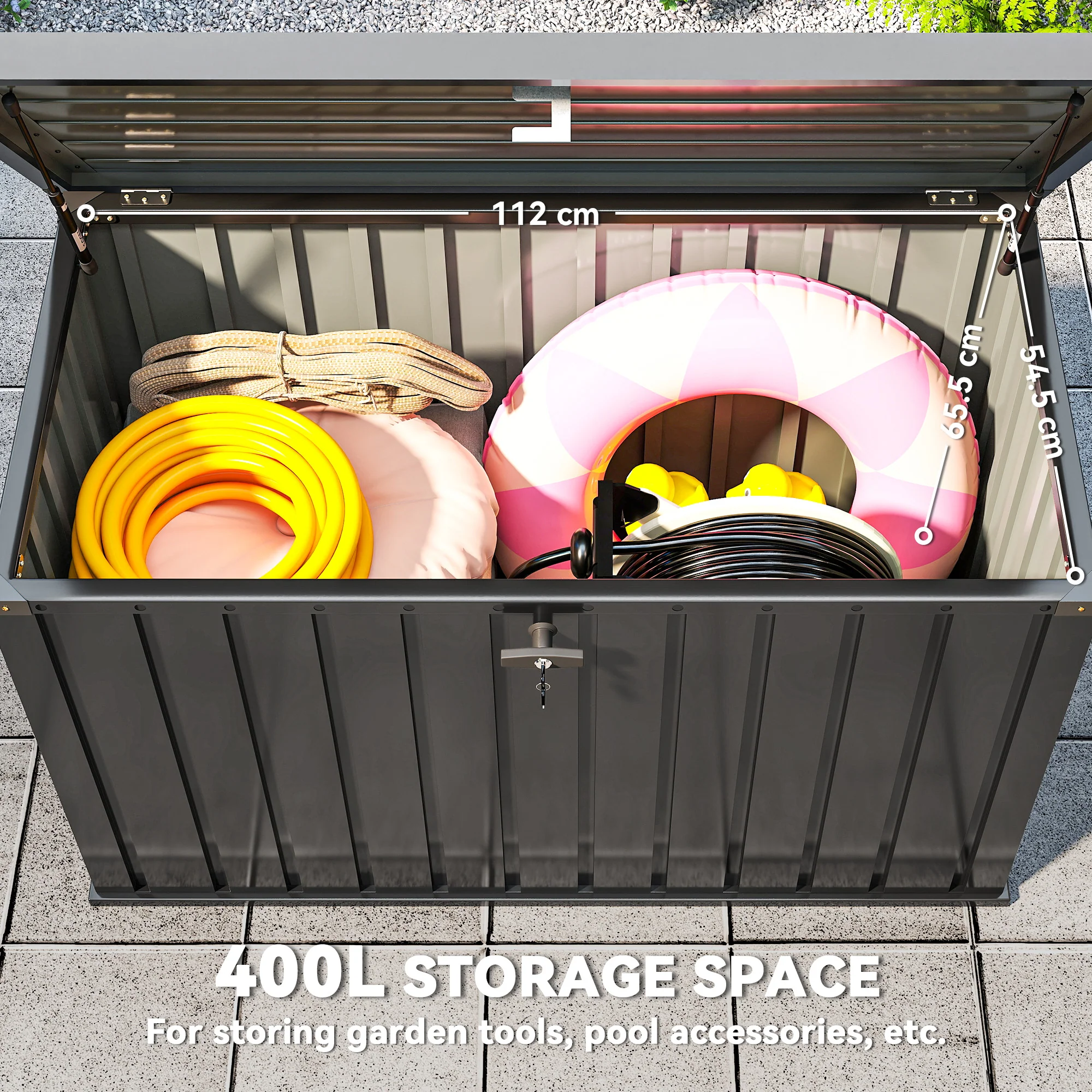 Outsunny 400L Waterproof Metal Outdoor Storage Box with Lock and Keys Black - Image 4