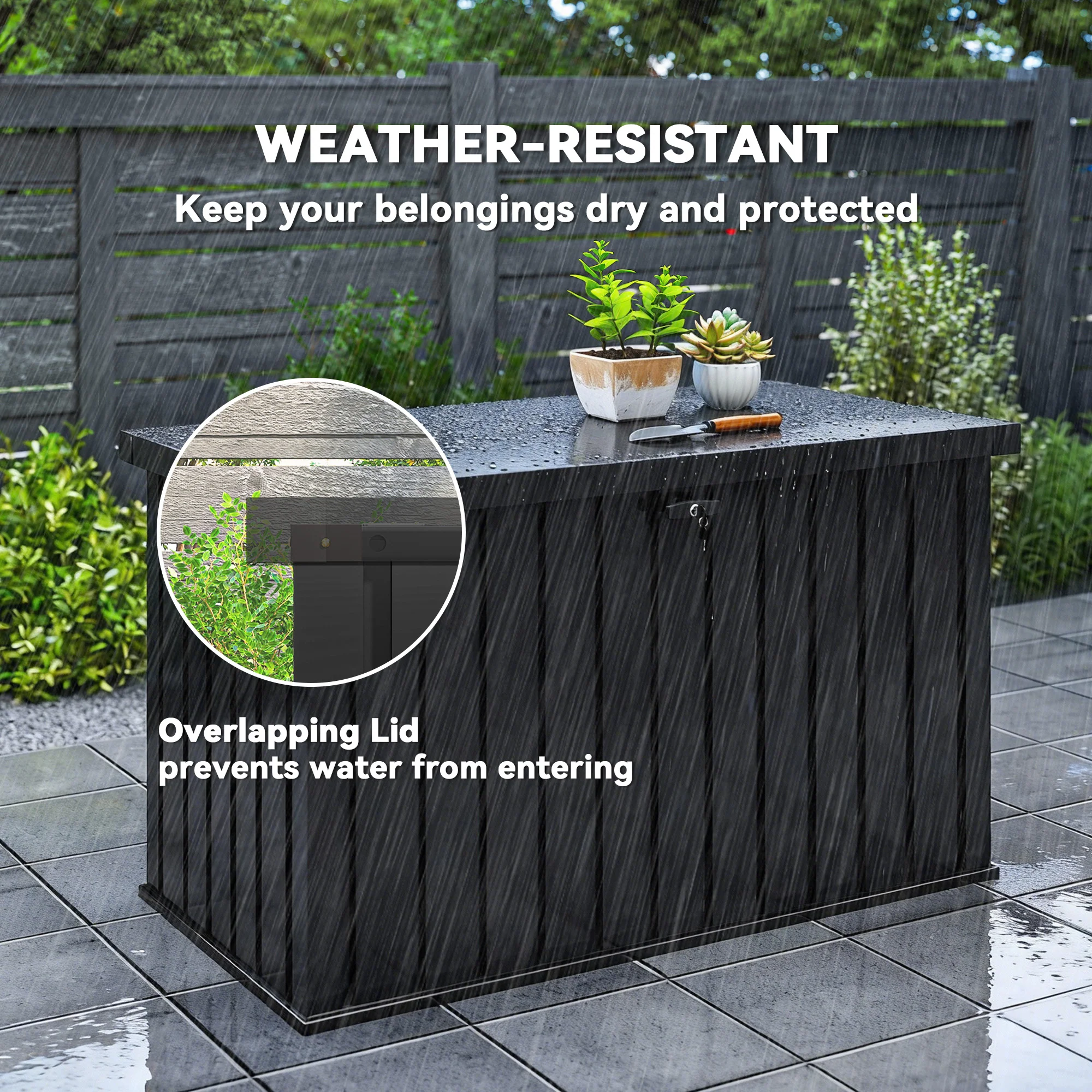 Outsunny 400L Waterproof Metal Outdoor Storage Box with Lock and Keys Black - Image 6
