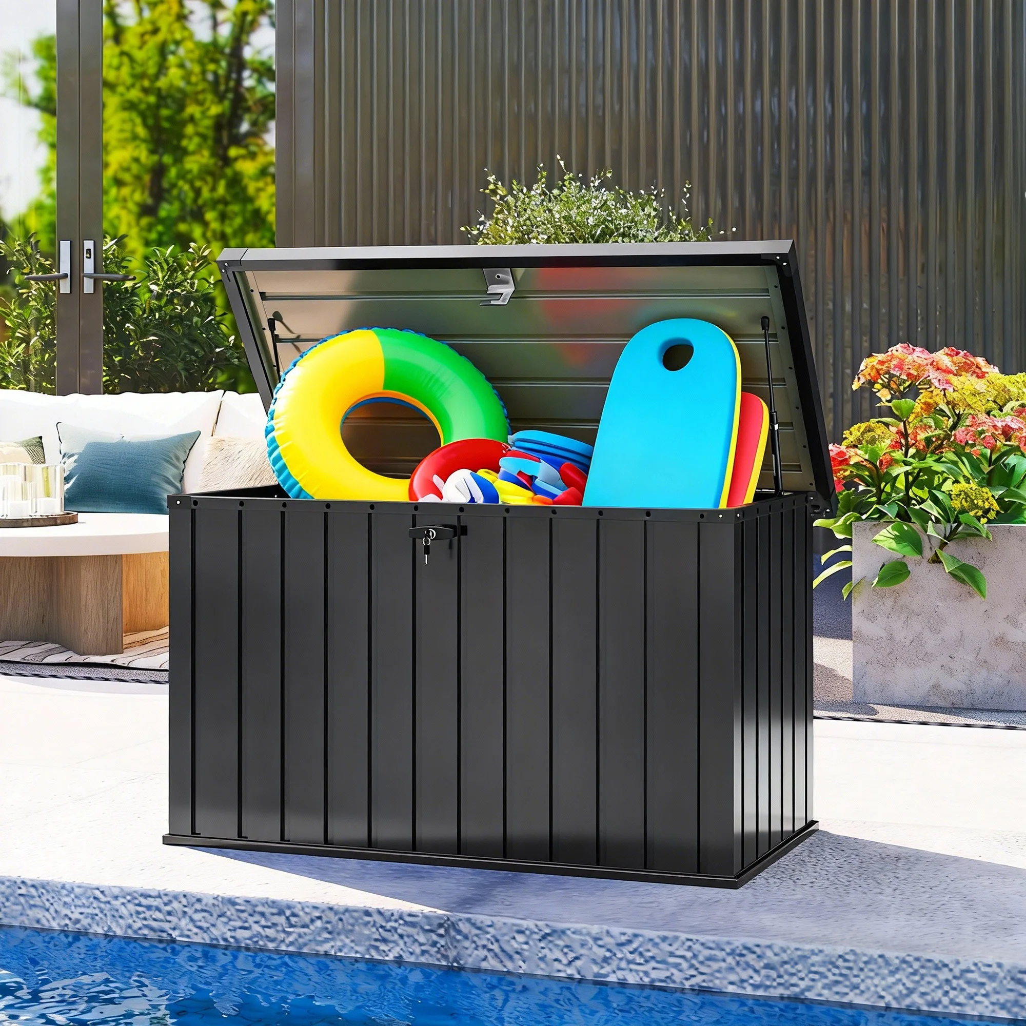 Outsunny 400L Waterproof Metal Outdoor Storage Box with Lock and Keys Black - Image 9