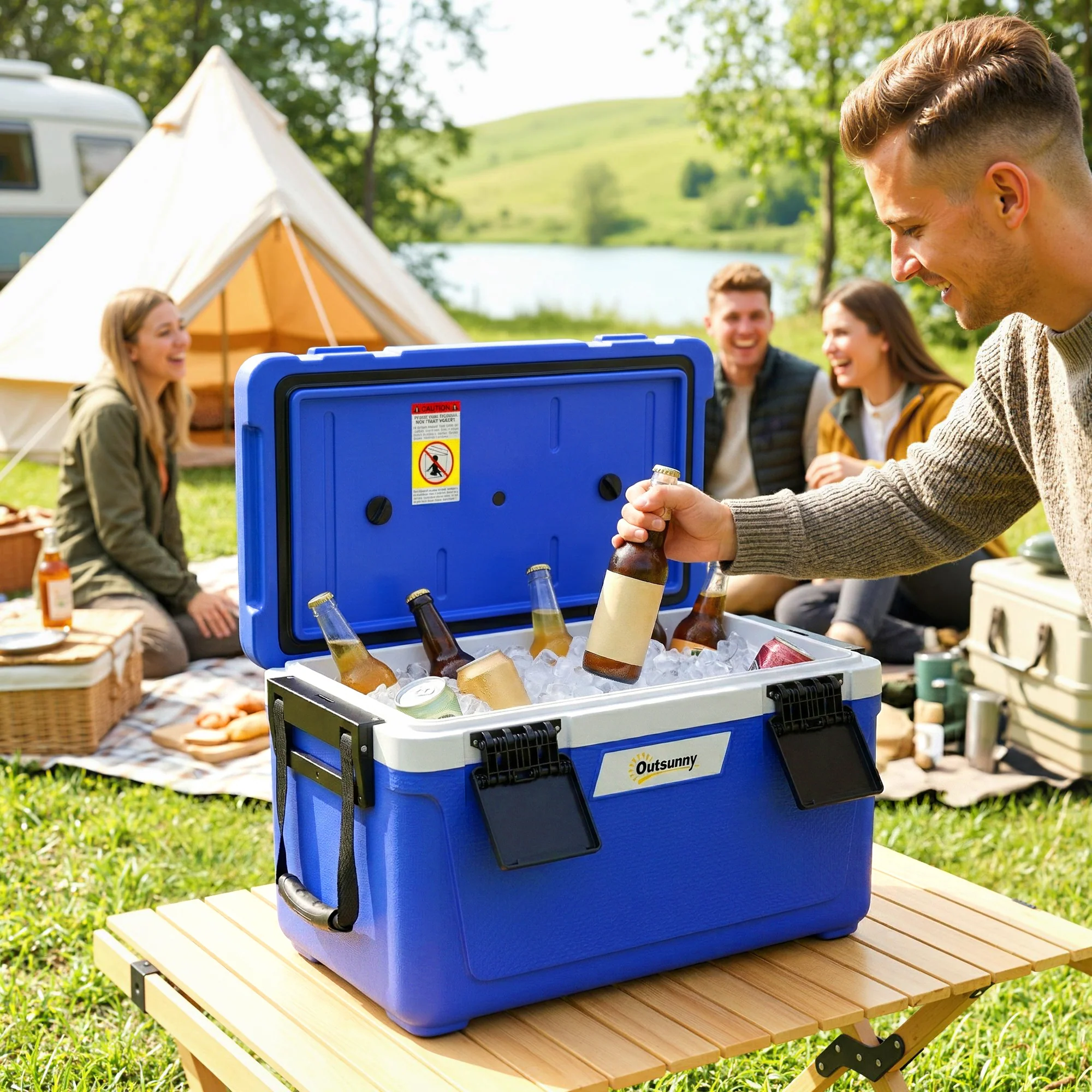 Outsunny 42.6L Insulated Cool Box, Portable Ice Cooler With Handle, Blue - Image 2