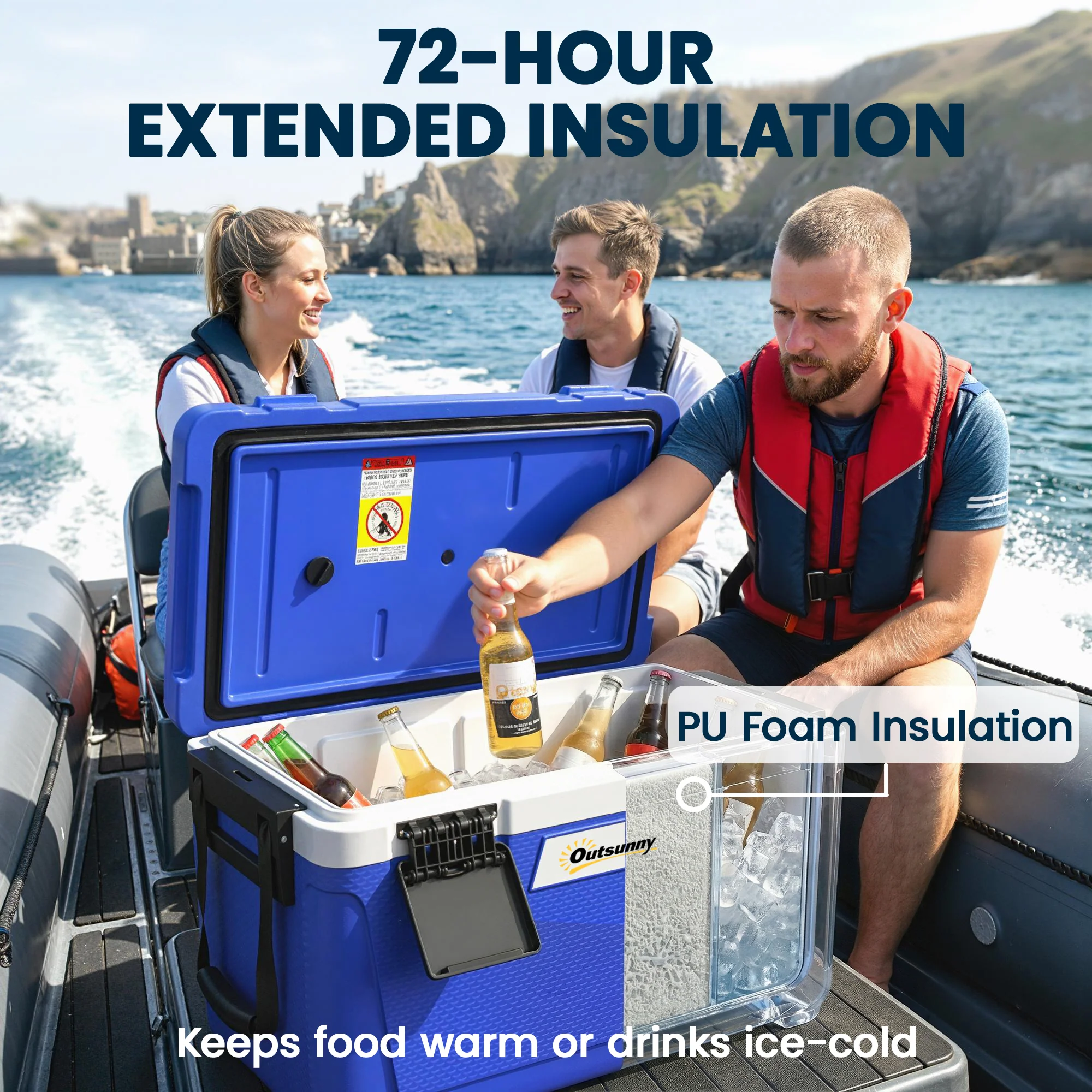 Outsunny 42.6L Insulated Cool Box, Portable Ice Cooler With Handle, Blue - Image 3