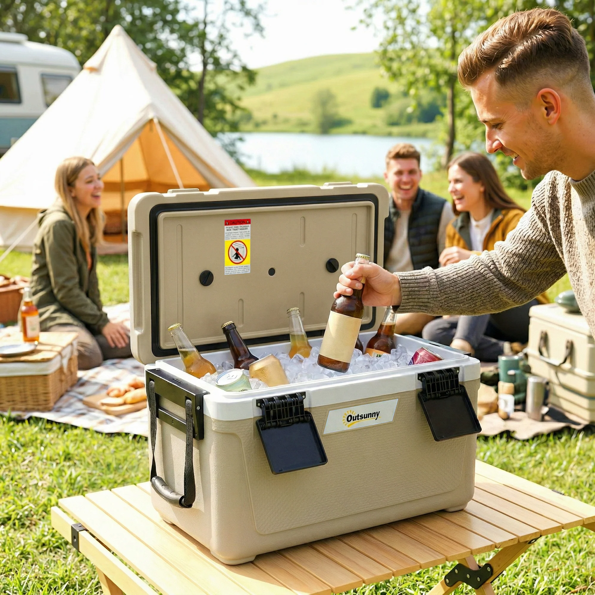Outsunny 42.6L Insulated Cool Box, Portable Ice Cooler With Handle, Khaki - Image 2
