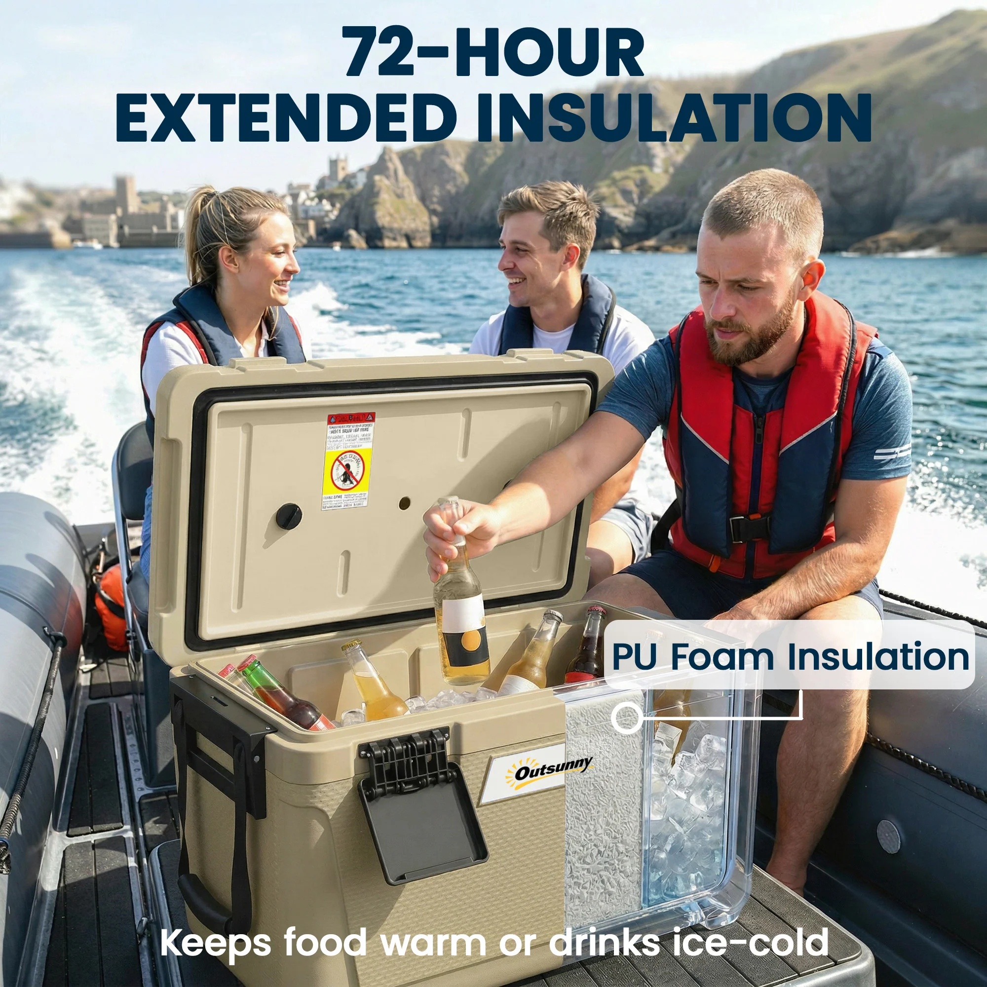 Outsunny 42.6L Insulated Cool Box, Portable Ice Cooler With Handle, Khaki - Image 3
