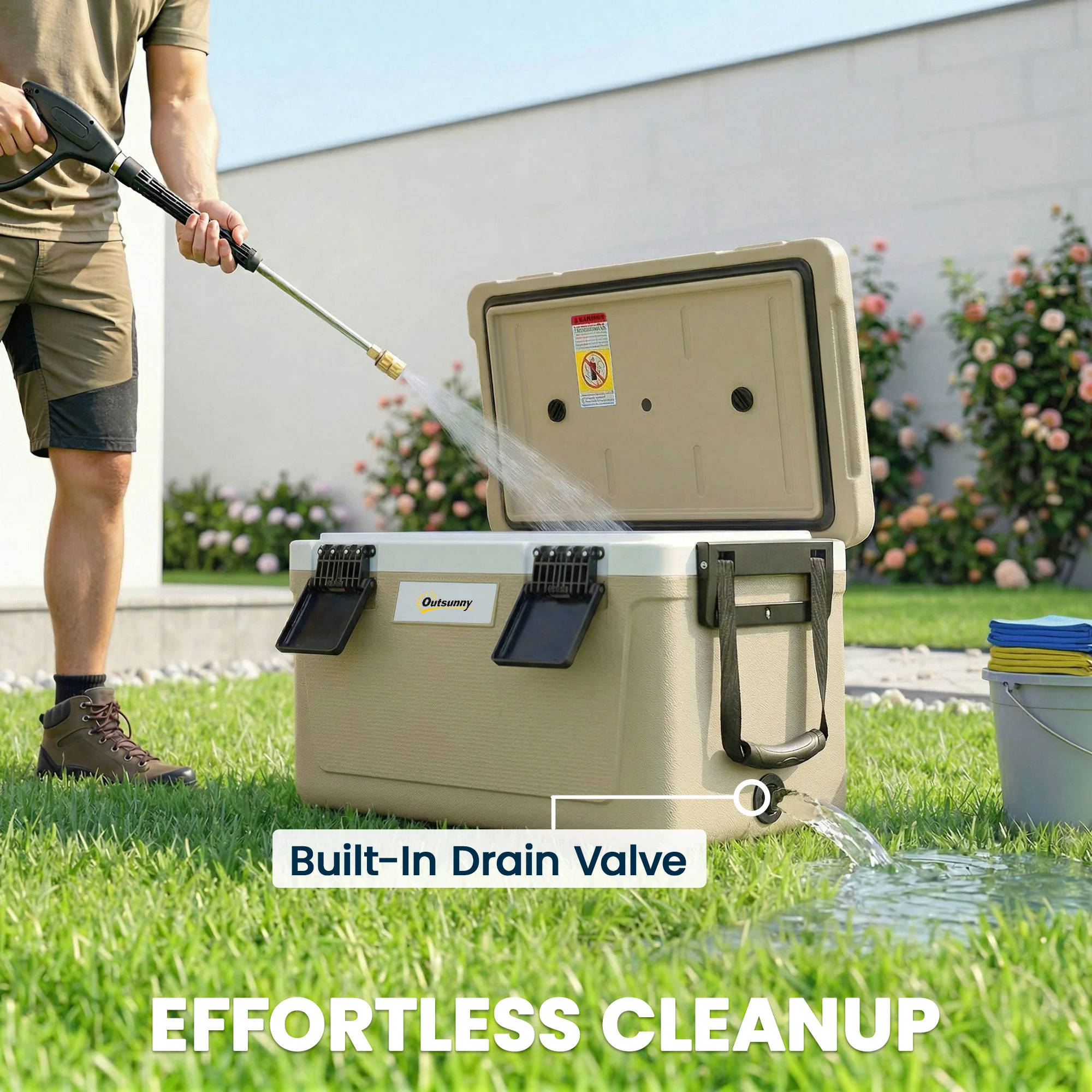 Outsunny 42.6L Insulated Cool Box, Portable Ice Cooler With Handle, Khaki - Image 7