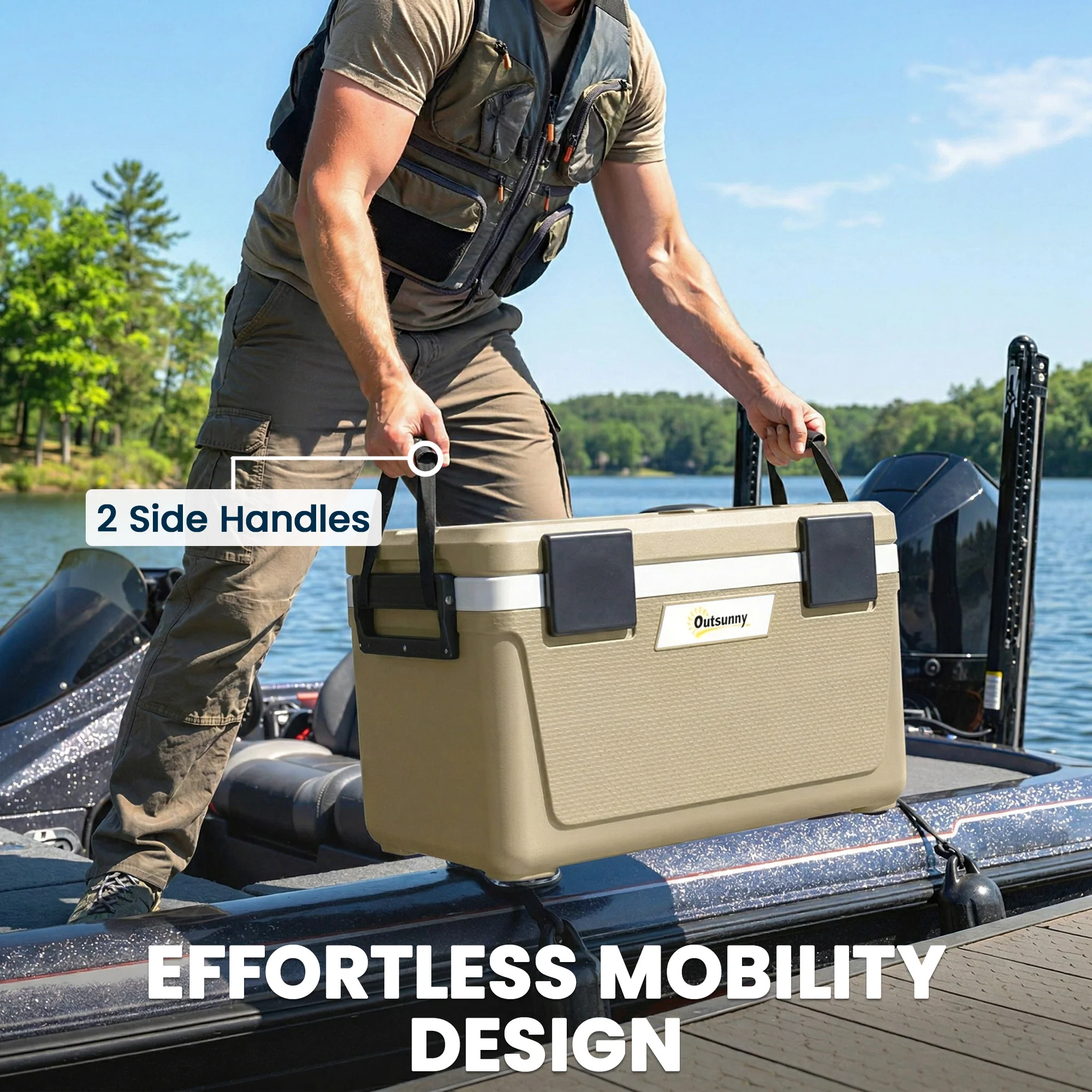 Outsunny 42.6L Insulated Cool Box, Portable Ice Cooler With Handle, Khaki - Image 9