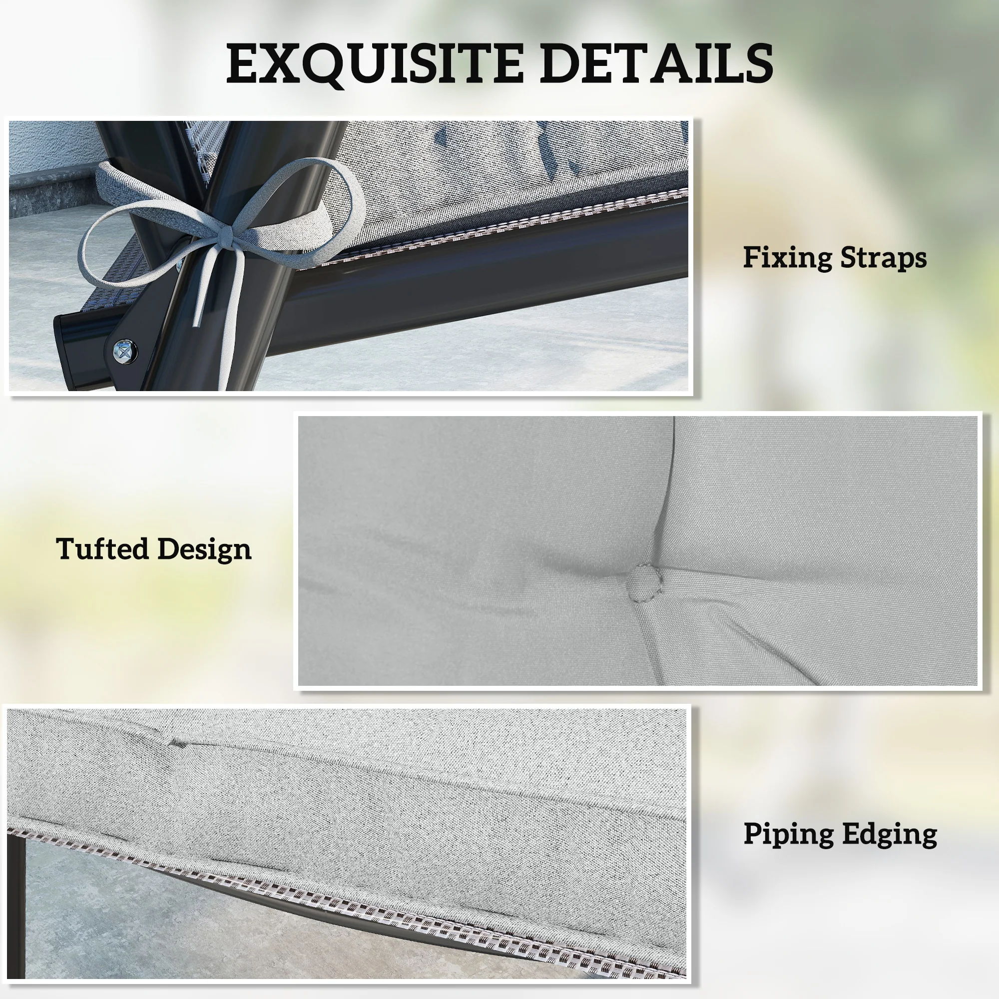 Outsunny 42 x 42cm Replacement Garden Seat Cushion Pad with Ties, Light Grey - Image 6