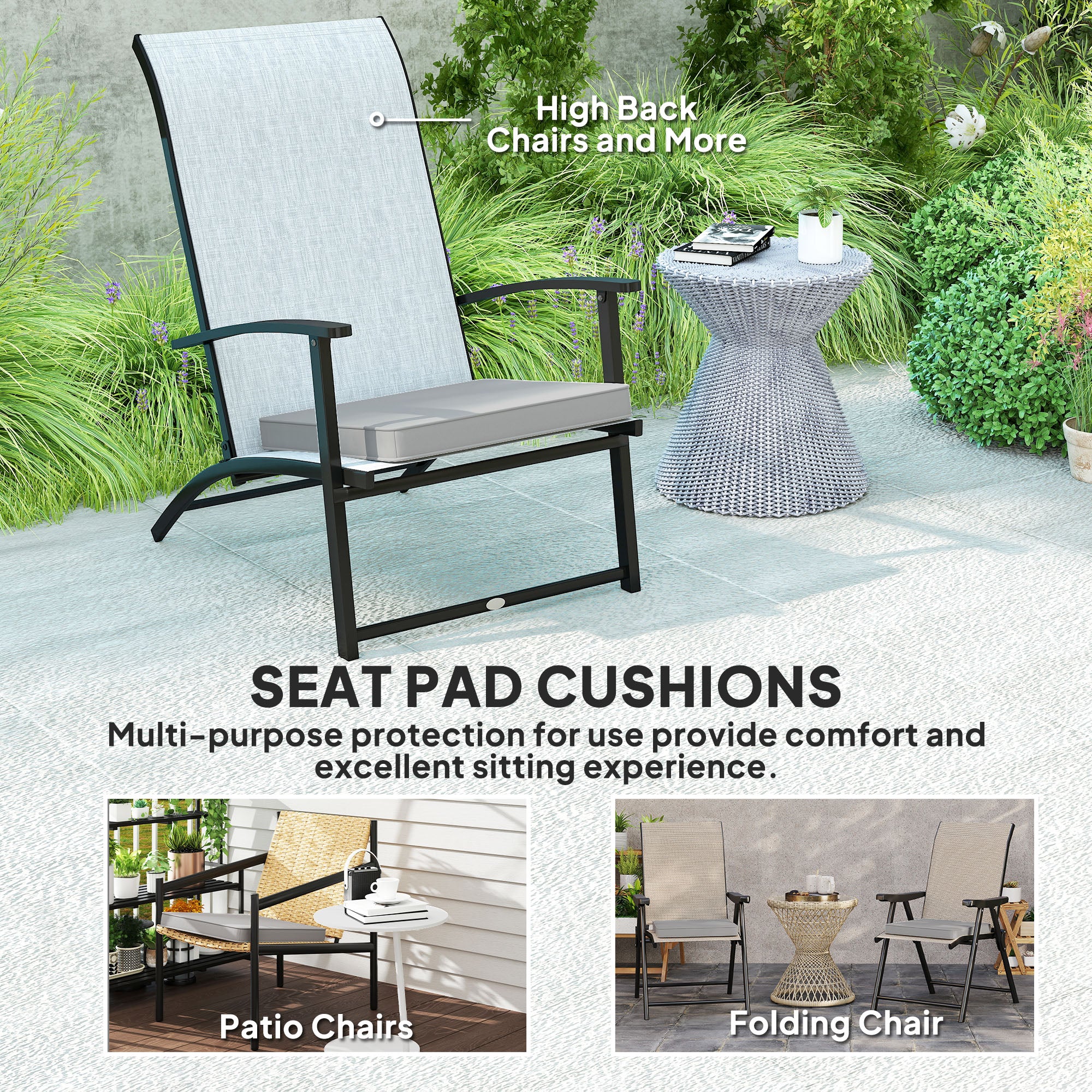 Outsunny 45 x 45cm Replacement Garden Seat Cushion Pad with Ties, Light Grey - Image 6