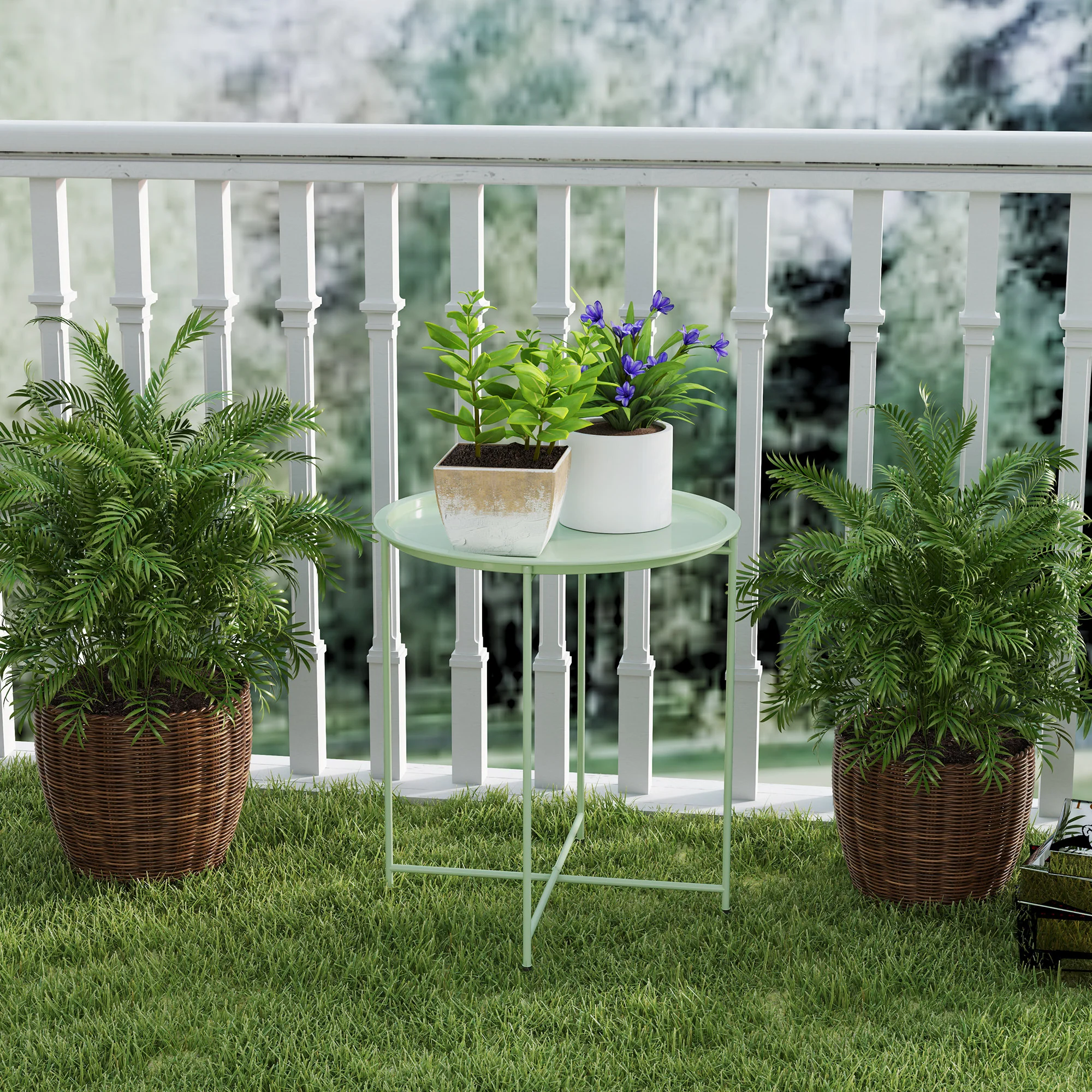 Outsunny 46cm Round Garden Table, Small Side Table w/ Removable Tray, Green - Image 8
