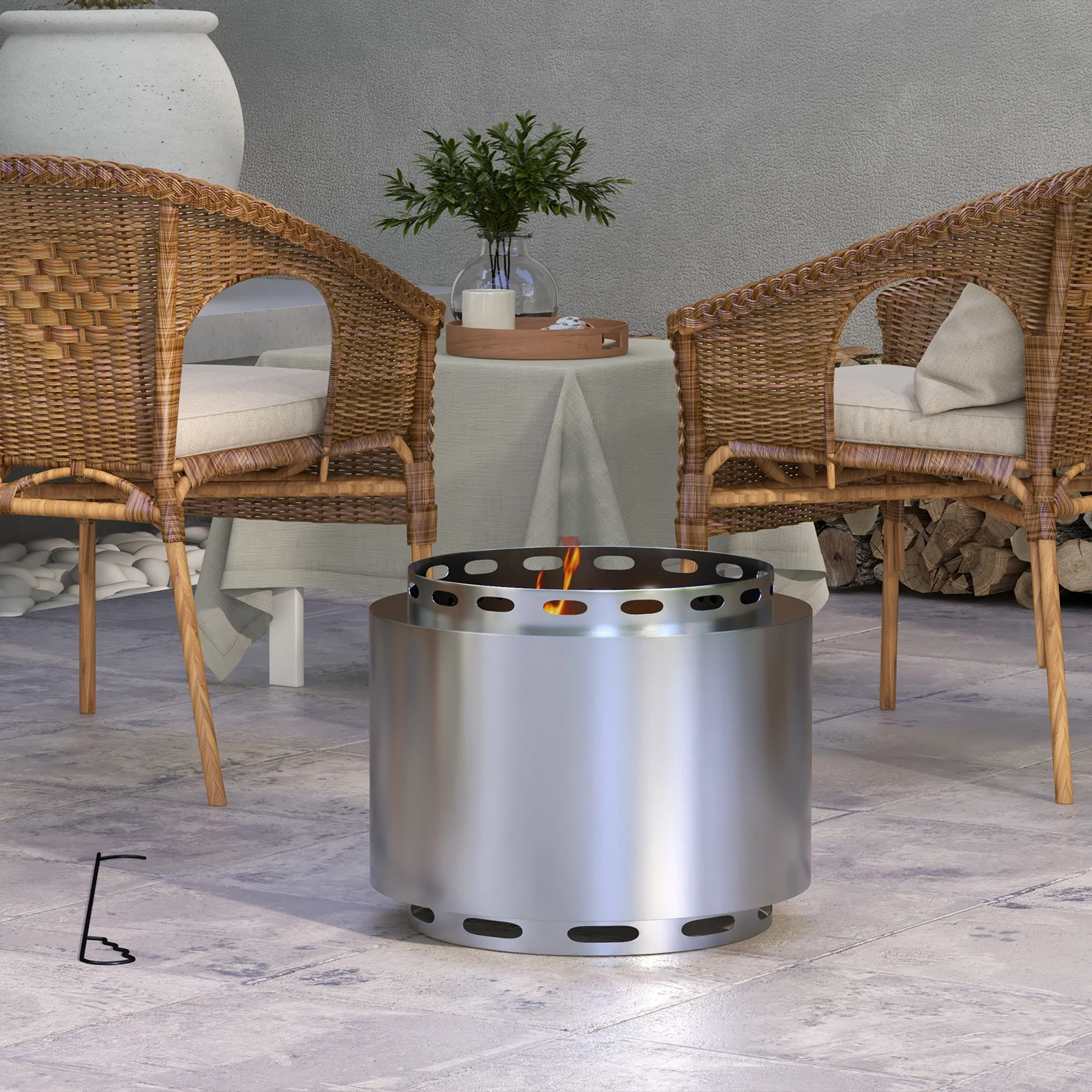 Outsunny 48.5cm Smokeless Wood Burning Firepit Stainless Steel Fire Pit, Silver - Image 2