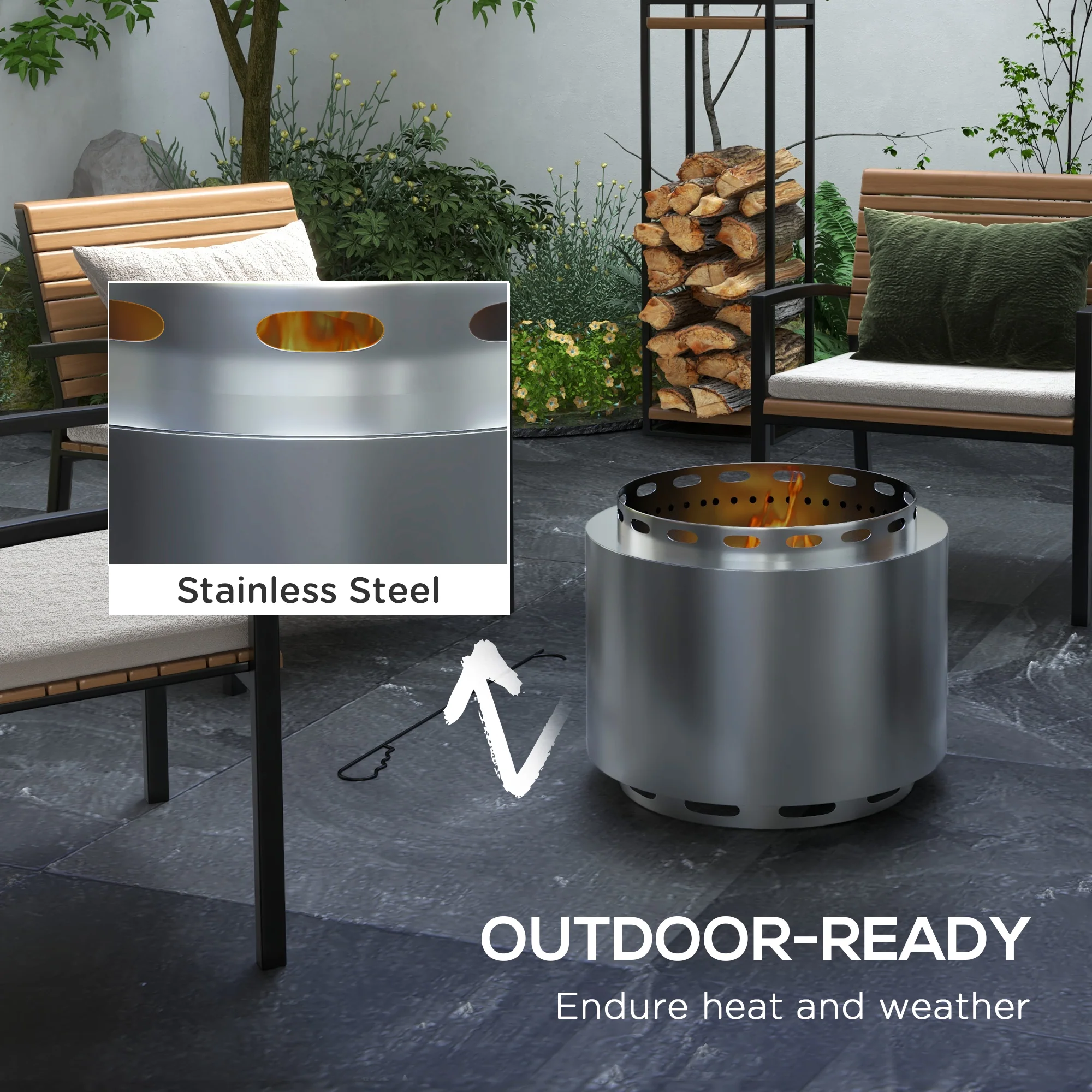 Outsunny 48.5cm Smokeless Wood Burning Firepit Stainless Steel Fire Pit, Silver - Image 6