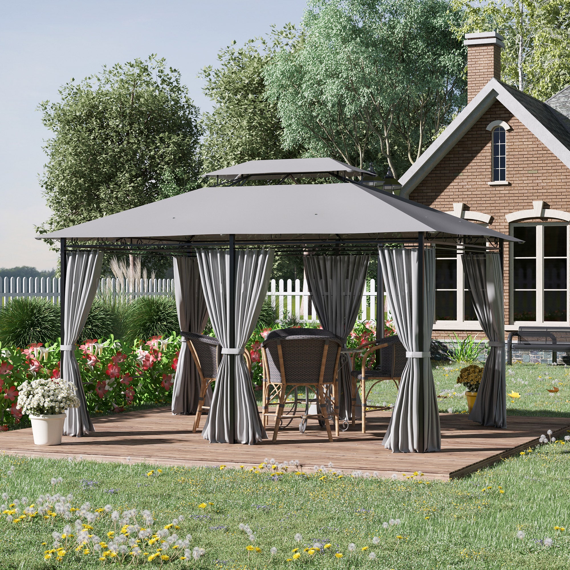 Outsunny 4m x 3(m) Outdoor 2-Tier Steel Frame Gazebo w/ Curtains Outdoor Garden - Image 2