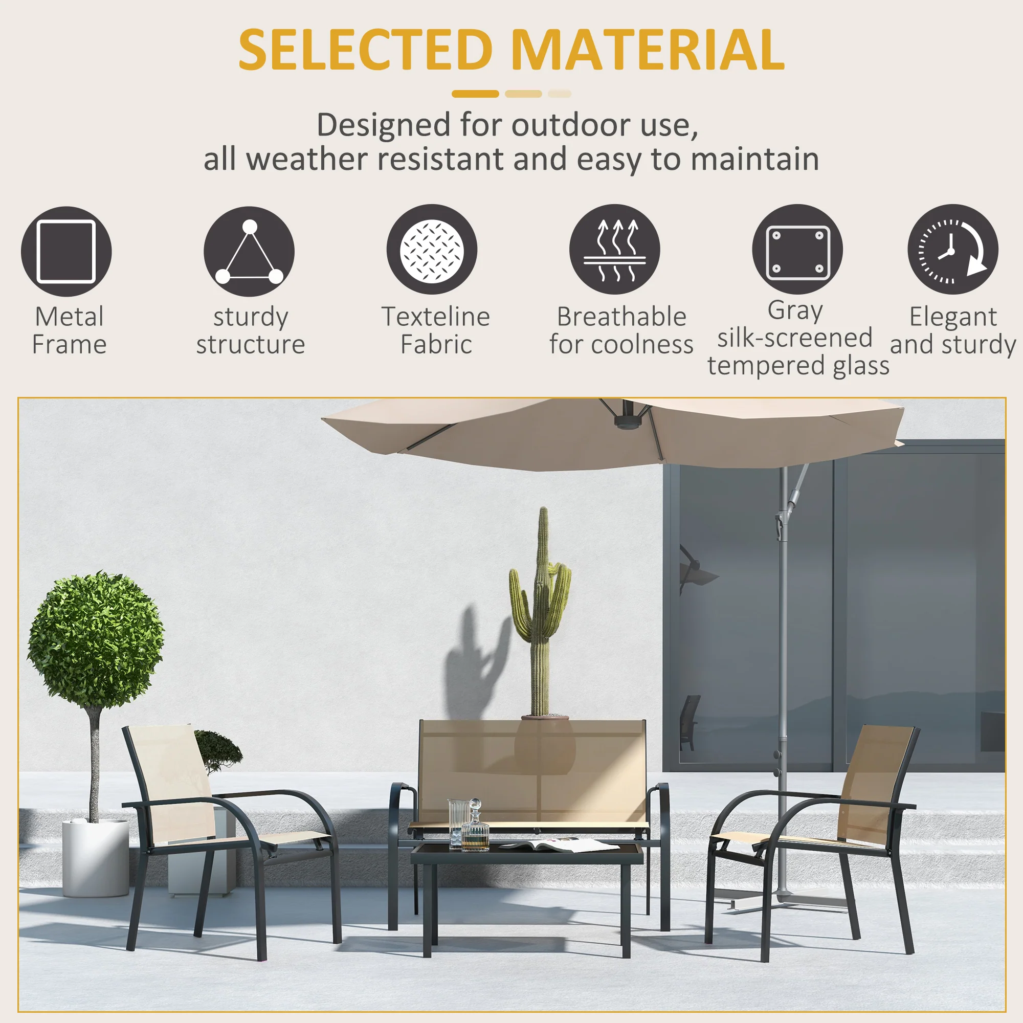 Outsunny 4pcs Patio Furniture Set Garden Sofa Glass Top Coffee Table Beige - Image 6