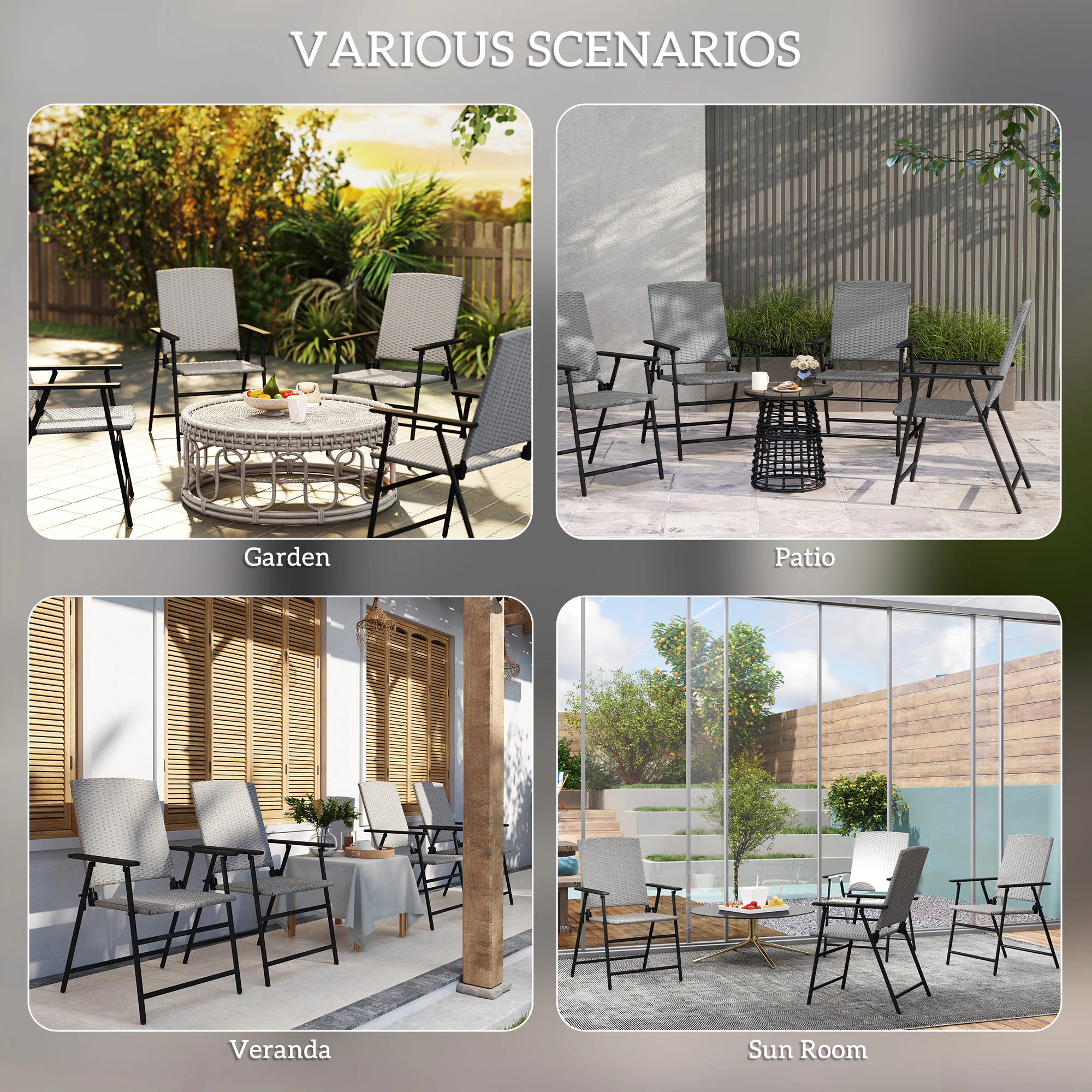 Outsunny 4pcs Rattan Chair Foldable Garden Furniture W/ Armrest Grey - Image 16