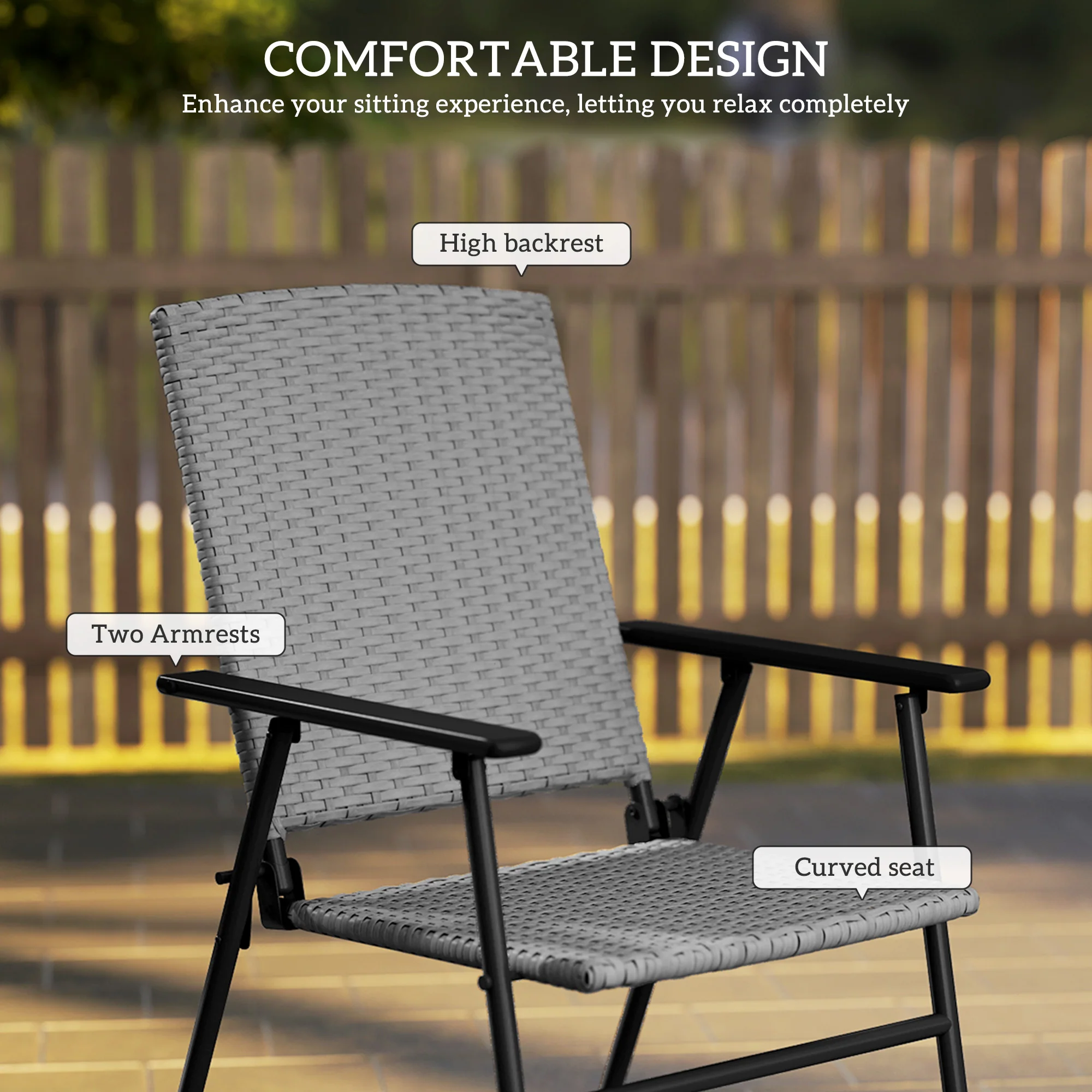 Outsunny 4pcs Rattan Chair Foldable Garden Furniture W/ Armrest Grey - Image 4