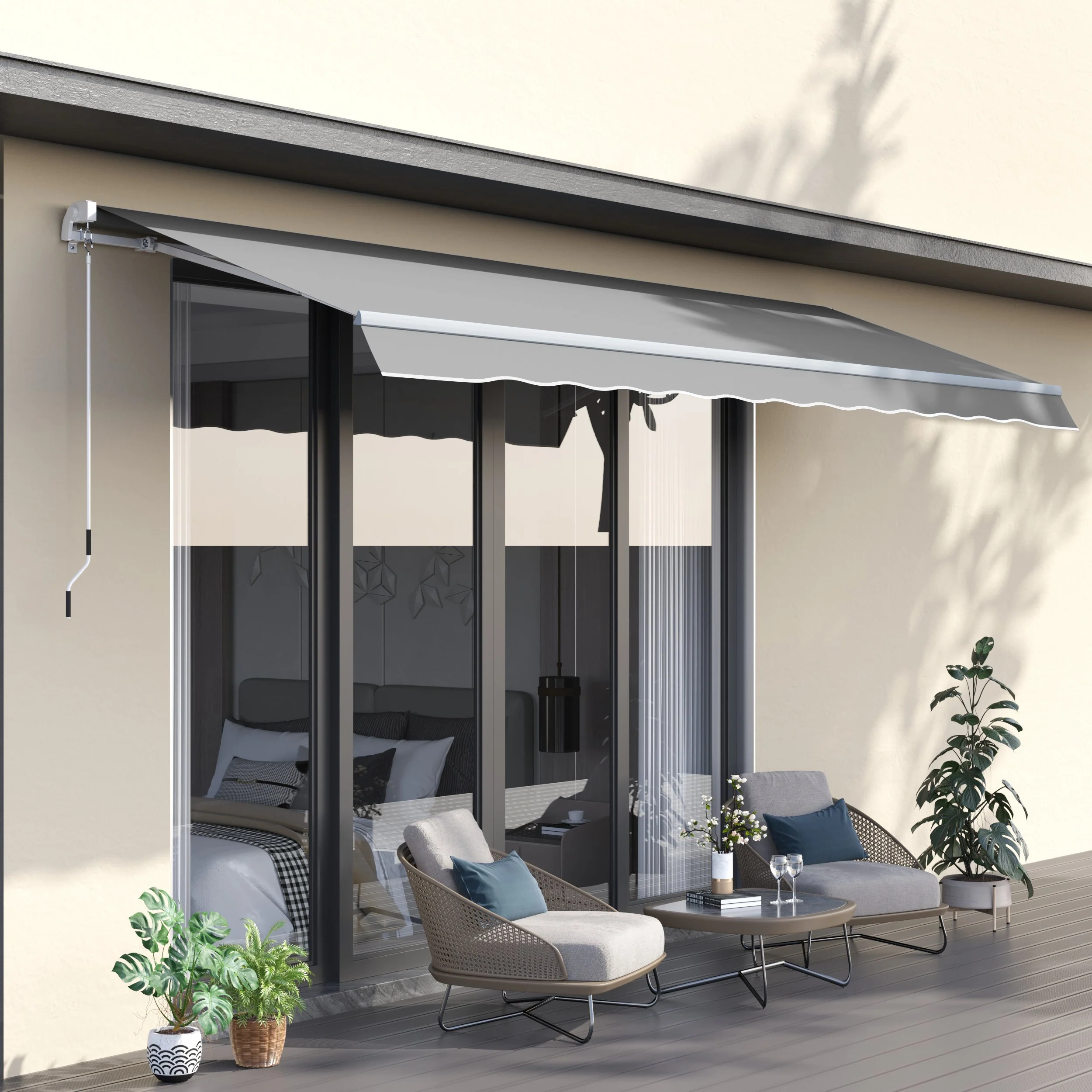 Outsunny 4x2.5m Retractable Manual Awning Window Door Sun Shade Canopy with Fittings and Crank Handle Light Grey - Image 2