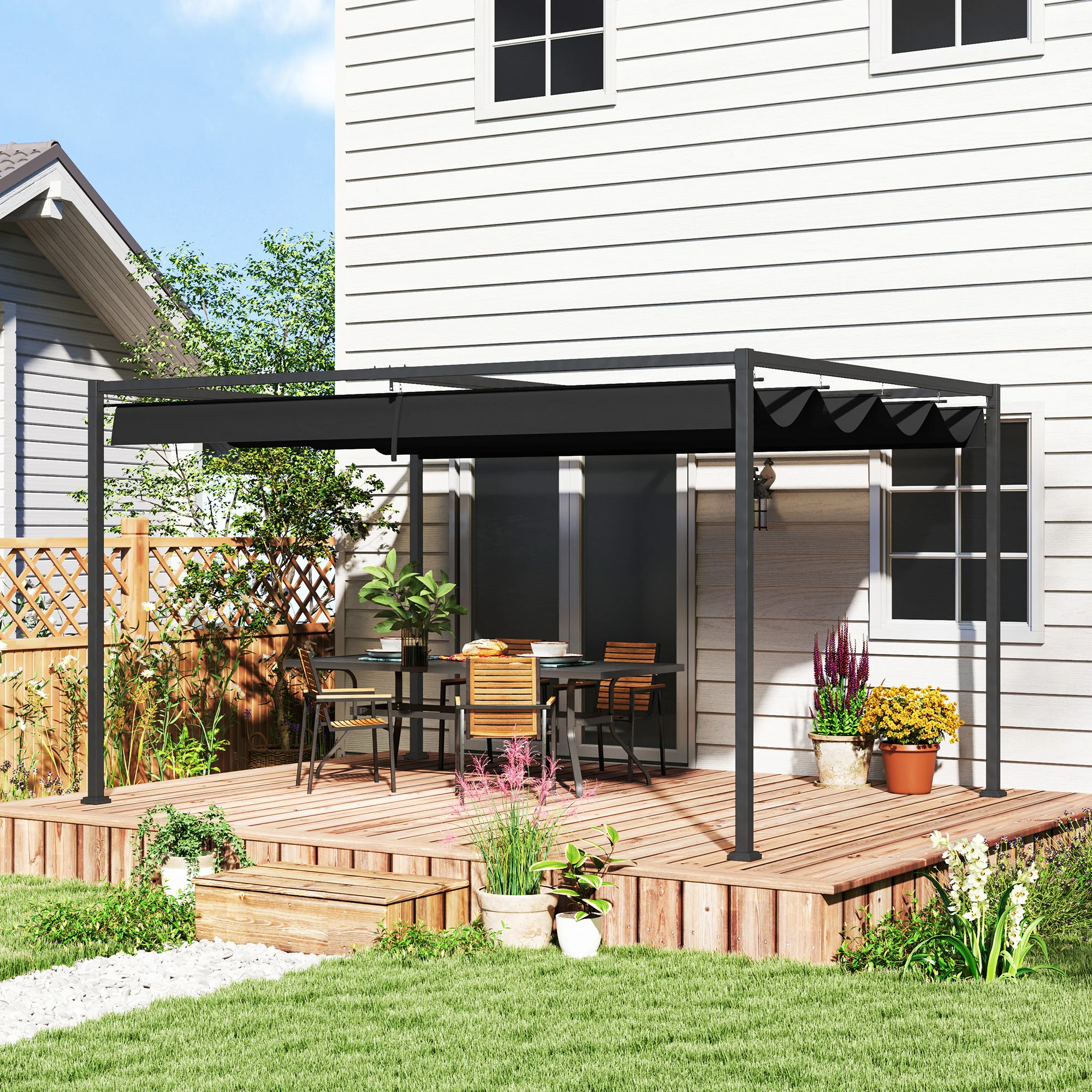 Outsunny 4x3(m) Metal Pergola Gazebo Patio Sunshelter Retractable Canopy Black - Image 2