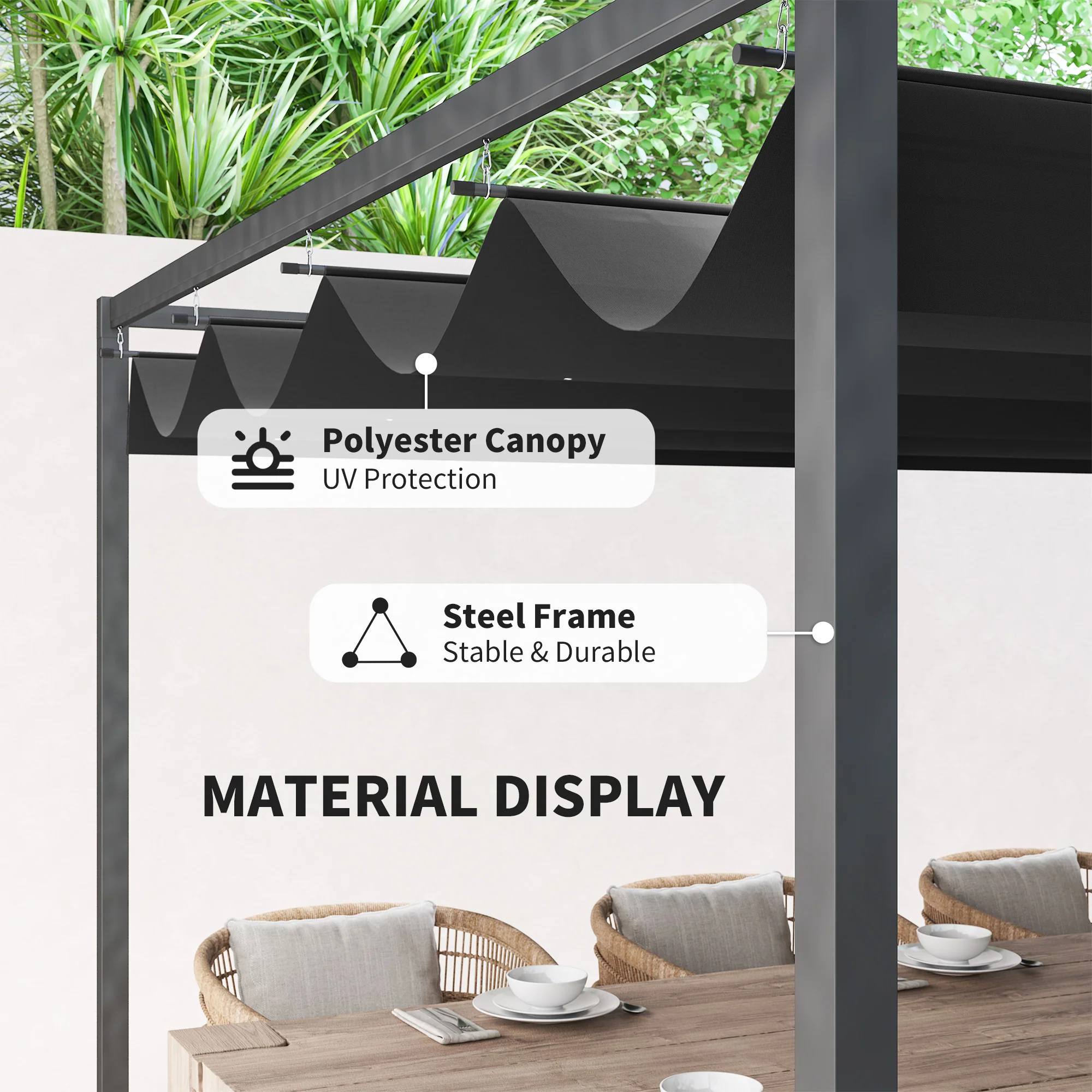 Outsunny 4x3(m) Metal Pergola Gazebo Patio Sunshelter Retractable Canopy Black - Image 3