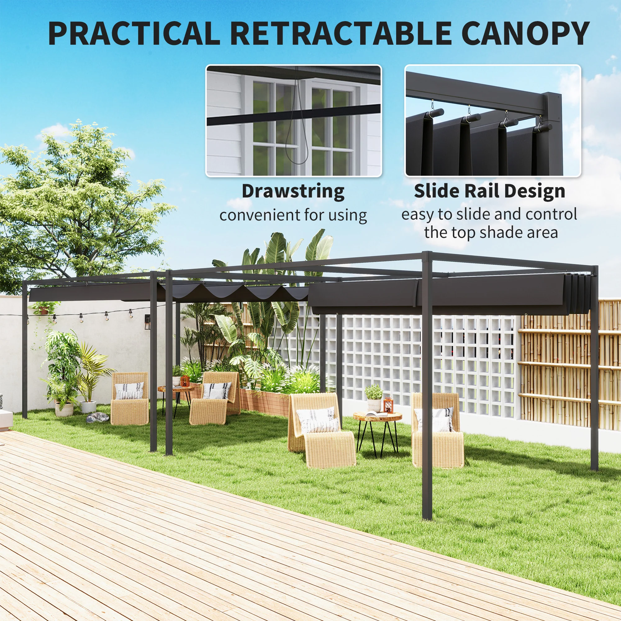 Outsunny 4x3(m) Metal Pergola Gazebo Patio Sunshelter Retractable Canopy Black - Image 4