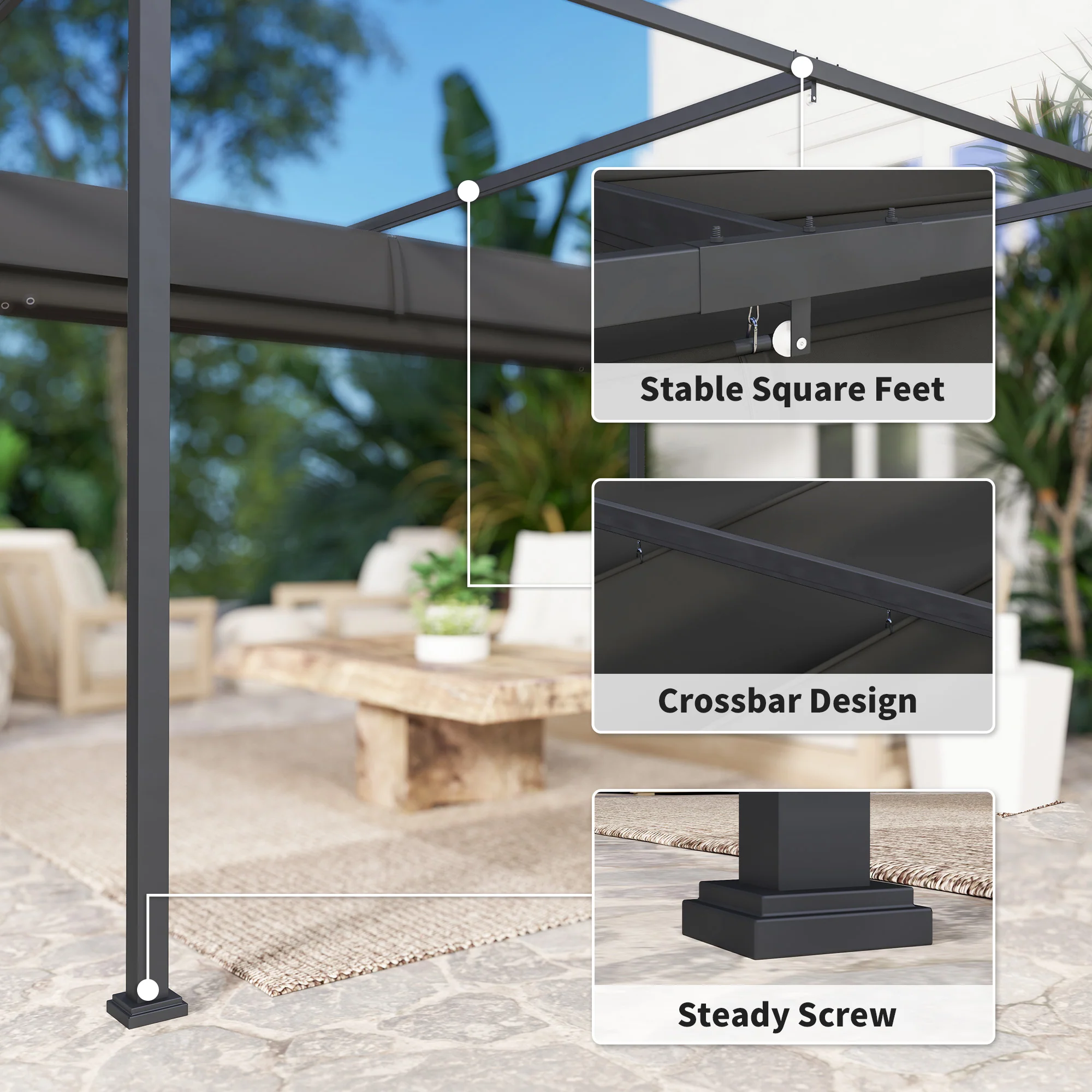 Outsunny 4x3(m) Metal Pergola Gazebo Patio Sunshelter Retractable Canopy Black - Image 6