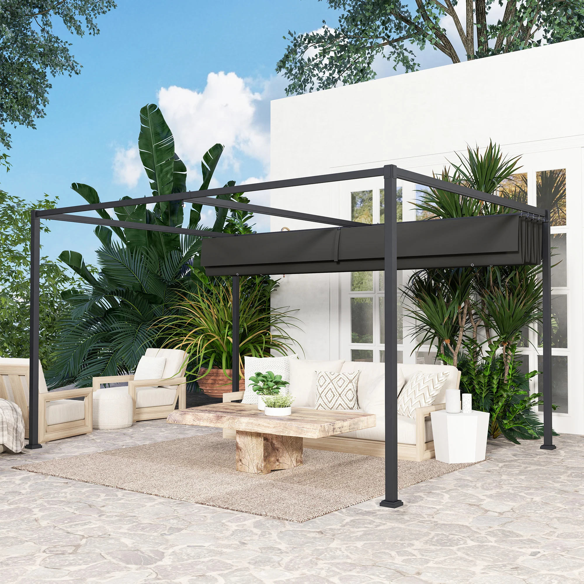 Outsunny 4x3(m) Metal Pergola Gazebo Patio Sunshelter Retractable Canopy Black - Image 8