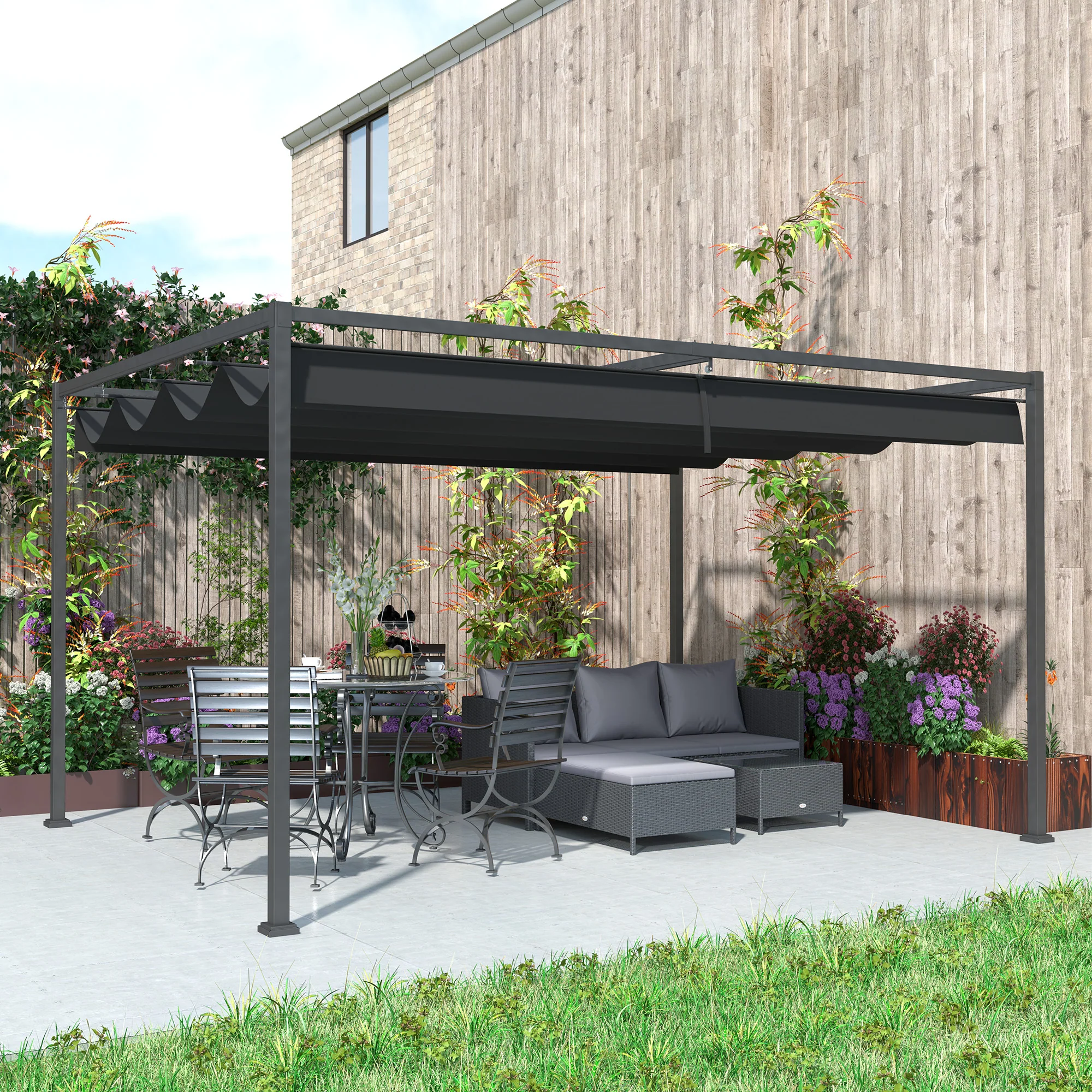 Outsunny 4x3(m) Metal Pergola Gazebo Patio Sunshelter Retractable Canopy Black - Image 9