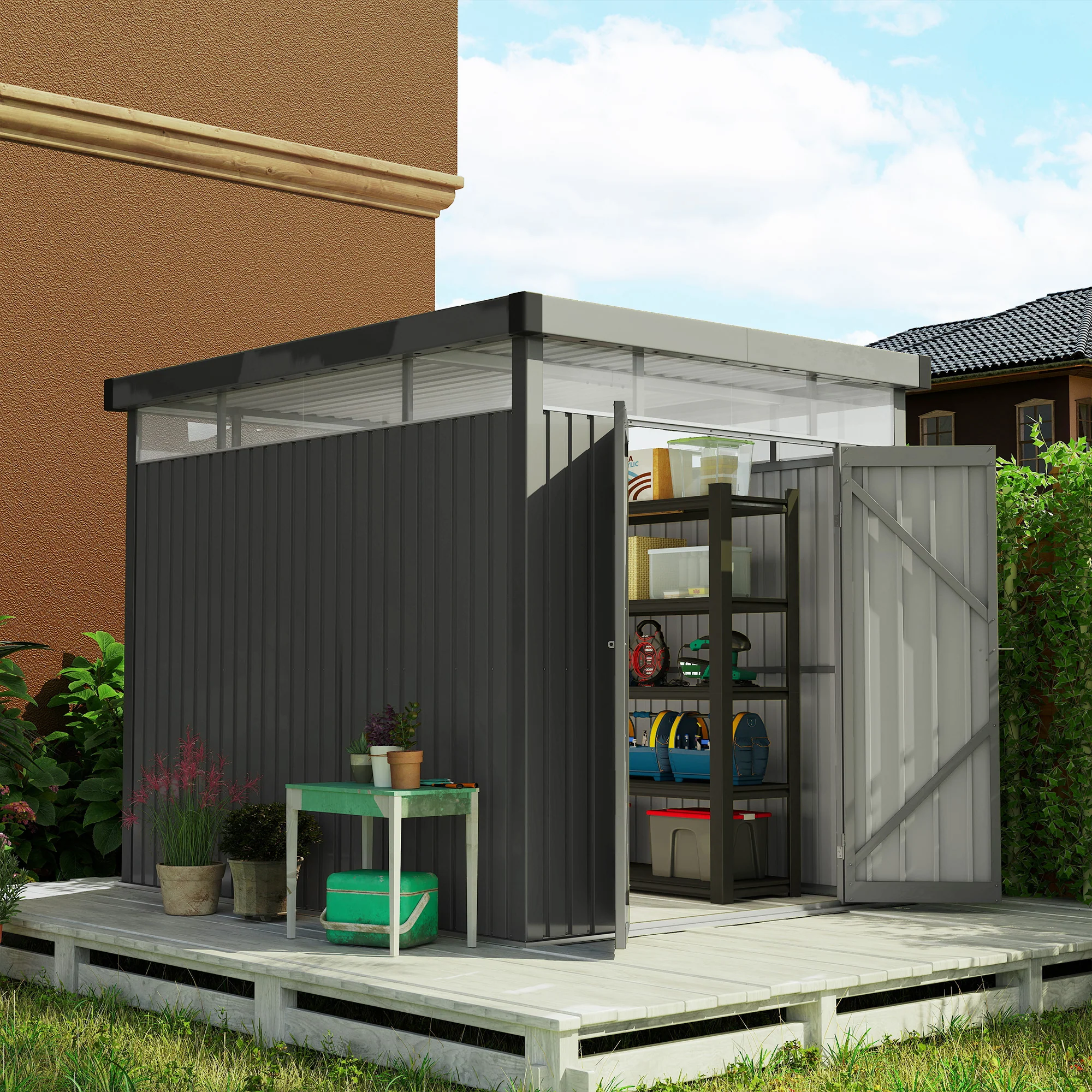 Outsunny 5.3 x 8.5ft Galvanised Steel Garden Shed with Roof Windows - Image 2