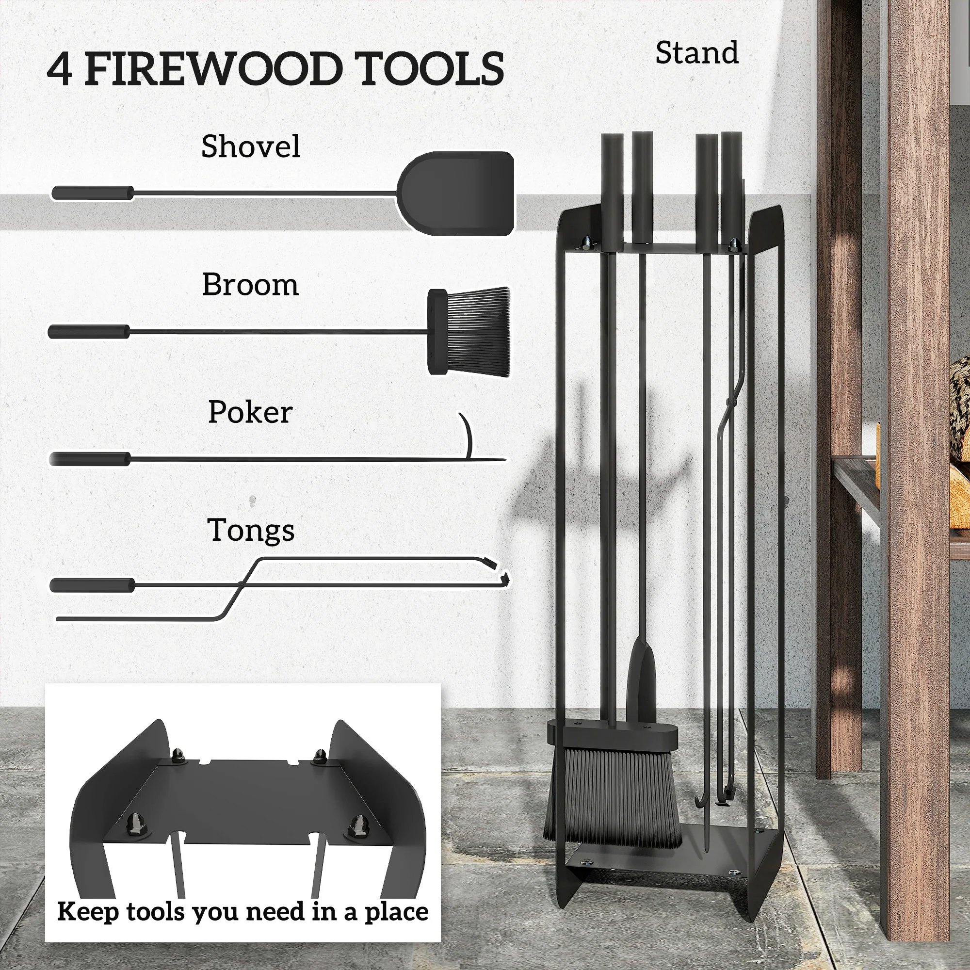 Outsunny 5 PCS Fireplace Companion Set, Metal Fireplace Accessories, Black - Image 3